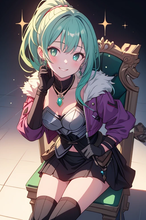 (masterpiece), (best quality), detailed, 1girl, leaning forward, hand on face, sitting on throne, from above, smiling, green hair, ponytail, jewelry, necklace, earrings, long hair, gloves, cropped jacket, fur trim, purple jacket, armored breastplate, armored skirt, multicolored hair, streaked hair, gradient hair, beautiful composition, cinematic lighting, extremely detailed, 8k, cinematic postprocessing, Maximum Facial Detail, Maxi,tokiame,(with sparkling eyes and a contagious smile),her thin pubic hair:1.2, looking at viewer