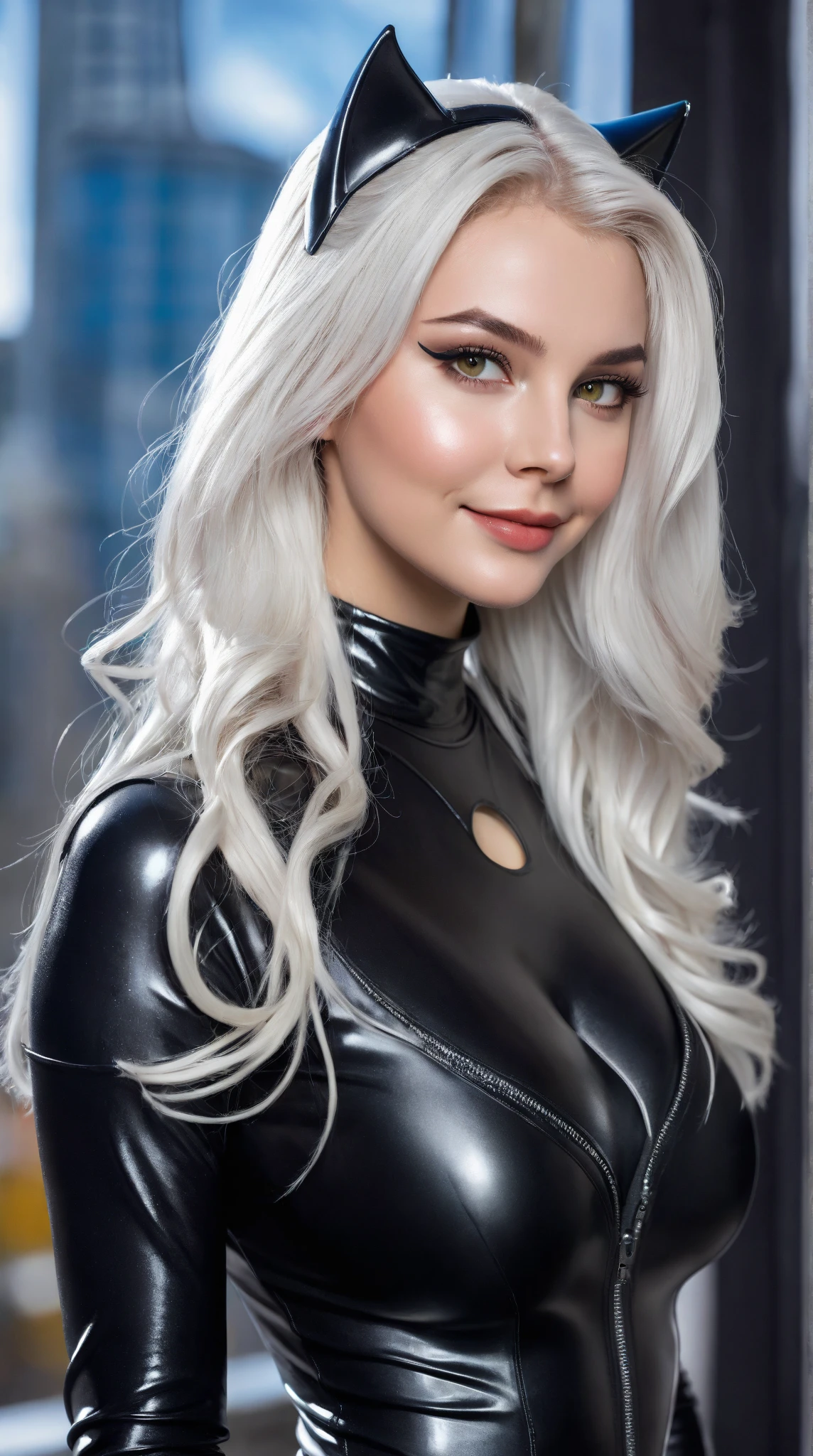 Realistic photography of 25 year old white haired bombshell (masterpiece), attractive female face, black eyeliner and shadows, big round breast, female's sleek black suit, POV European face type, great detail, POV, cinematic, realistic.