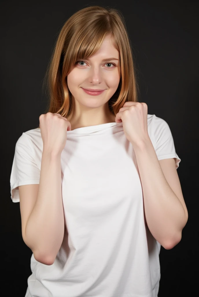   Realistic portrait portrait of a beautiful  Dutch high school girl  .
  Body image above 3 quarters in front  ,  sharp focus ,   16K resolution  .
  She was threatened by the audience and wrapped the sleeves of a white short-sleeved T-shirt over her shoulder for the audience to see her armpits.
  Her armpits are smooth but wet and sweaty balls  .
  The audience's attention is focused on her sweaty armpits  .
 Her armpits smell like vanilla and lemon  ,  but she thinks they stink  .