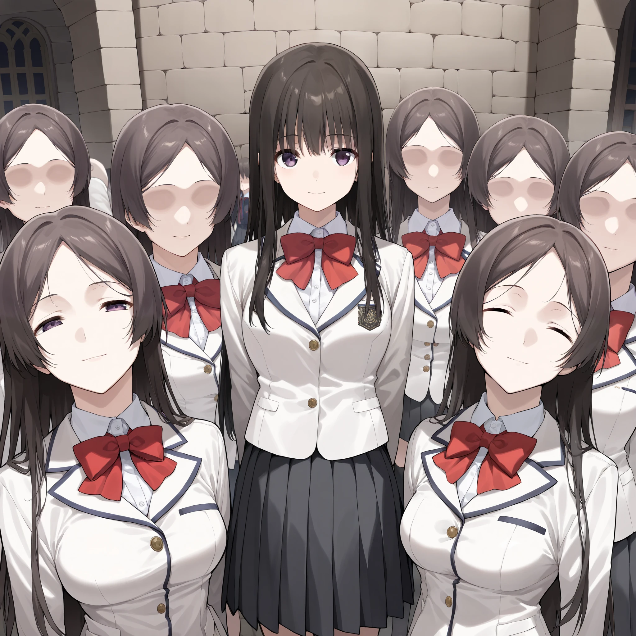 checking_9, checking_8, checking_7, checking_6, score_アニメ, ((1girl)), (black long hair),(straight hair), gray with purple eyes, Medium breasts, ((red bow tie)), (White school blouse), ((short white jacket)), ((black pleated school skirt)), ((full head shown:1.1)) , light smile, old medieval town,narrow street, sunny street, stone walls, light stone walls, silhouettes of people on the streets, живая улыбка , ((head shot, perspective)) 