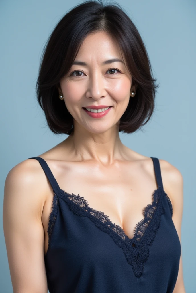 ((Highest quality, 8k, Ultra-high resolution)), ((masterpiece: 1.3)), (Perfect appearance), (Photorealism: 1.6), ((monochrome)), ((grayscale)), (JMA), (KE), 60 years old,(Mature Woman:1.2), Captivating Gaze, Brown eyes, (She has many wrinkles on her face:1.4), ((Realistic skin texture)), (Fine wrinkles appear all over the skin, Dullness, Unmoisturized skin, Wrinkles around the eyes, double eyelid, Lower eyelid tear sulcus, Dimples), wide open lips, A big smile, (Medium Wave Hairstyle), (Small A cup breasts:1.1), (日本人Mature Woman), A bustling downtown area at night with neon lights shining, View from below,