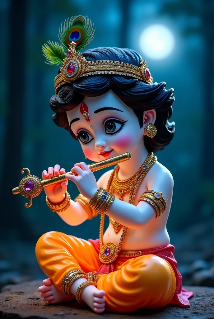 A realistic 3D image of Little cute baby shree krishna taken a golden green flute and has peacock feather on the head eating makhan who kept in pot and in background some star, planet and sun and moon.
