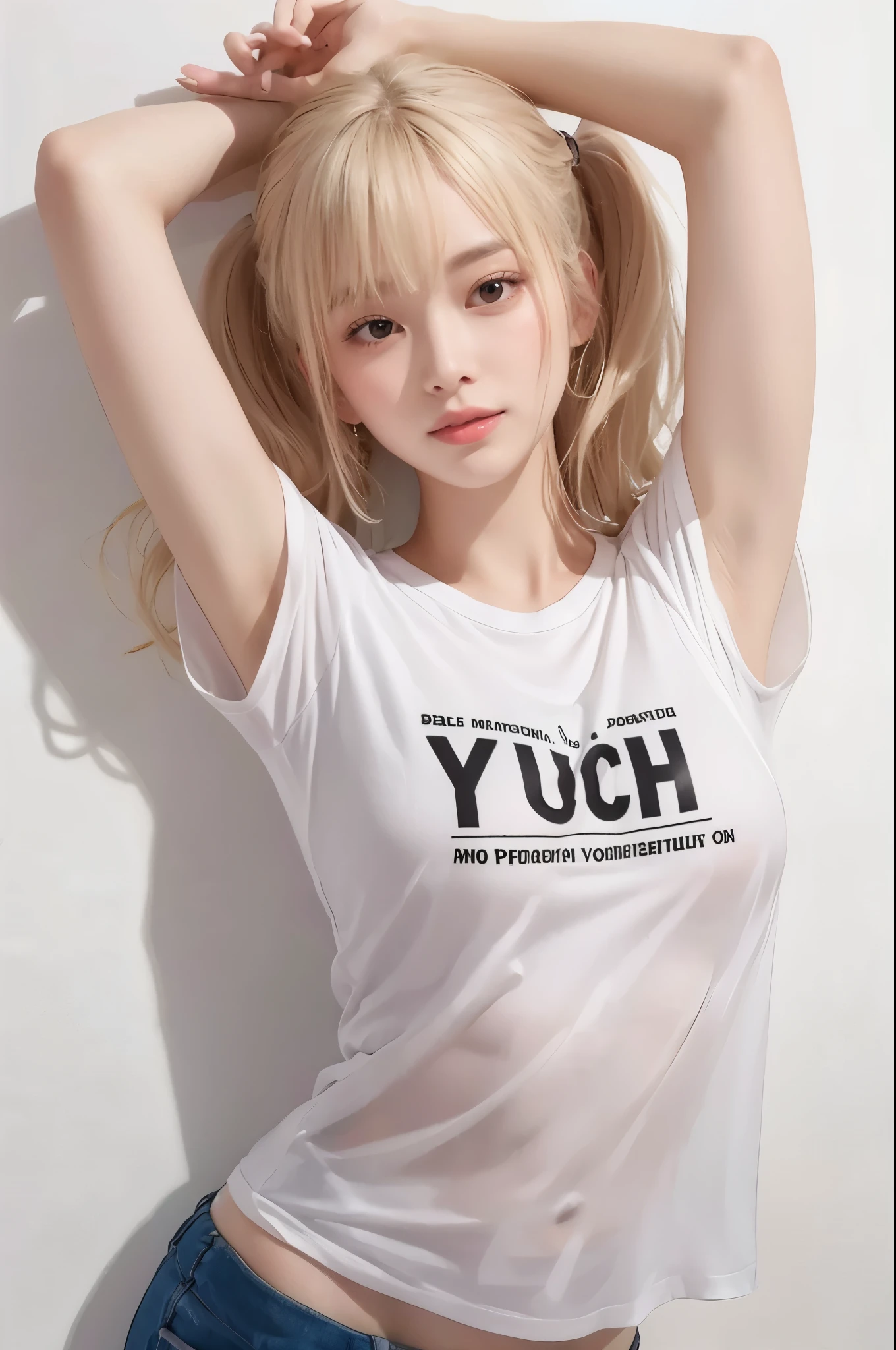 (1girl),large breasts,  breasts, tan, dewy skin, sweaty skin, wavy blonde hair, nylon tshirt, punk girl, dark hair, transparent