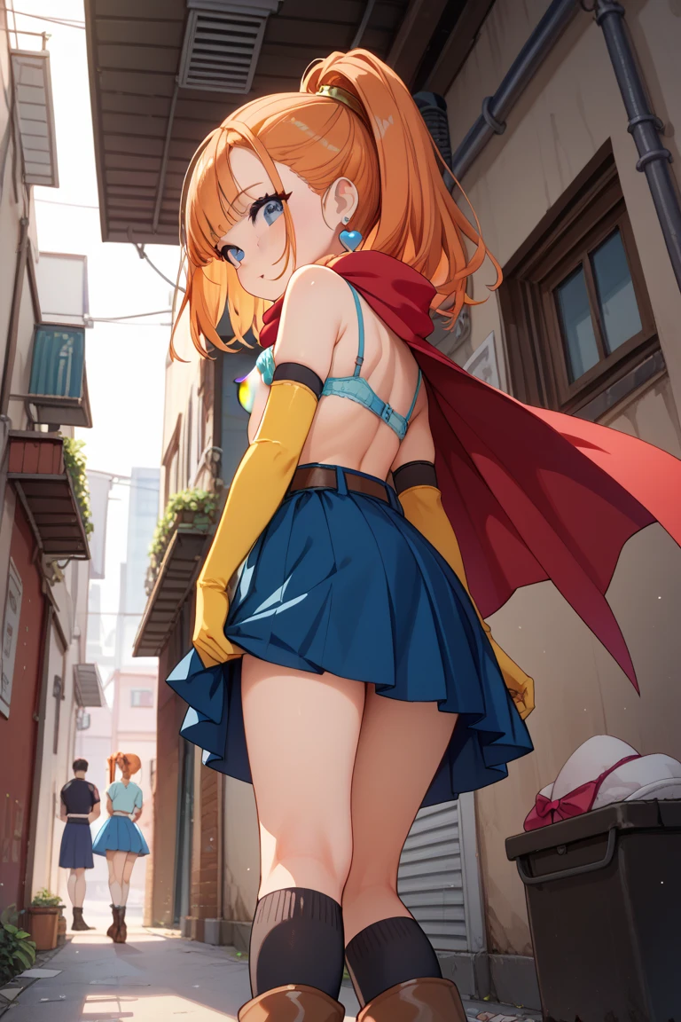  dqbbra, 1girl, orange hair, high ponytail, long hair, purple eyes,  small breasts, NSFW, **li, back alley,
earrings, jewelry, red cape, blue dress, elbow gloves, yellow gloves, belt, blue skirt, black socks, boots, from below, undressing, looking at viewer, nipples, skirt lift, bra, pantie, 