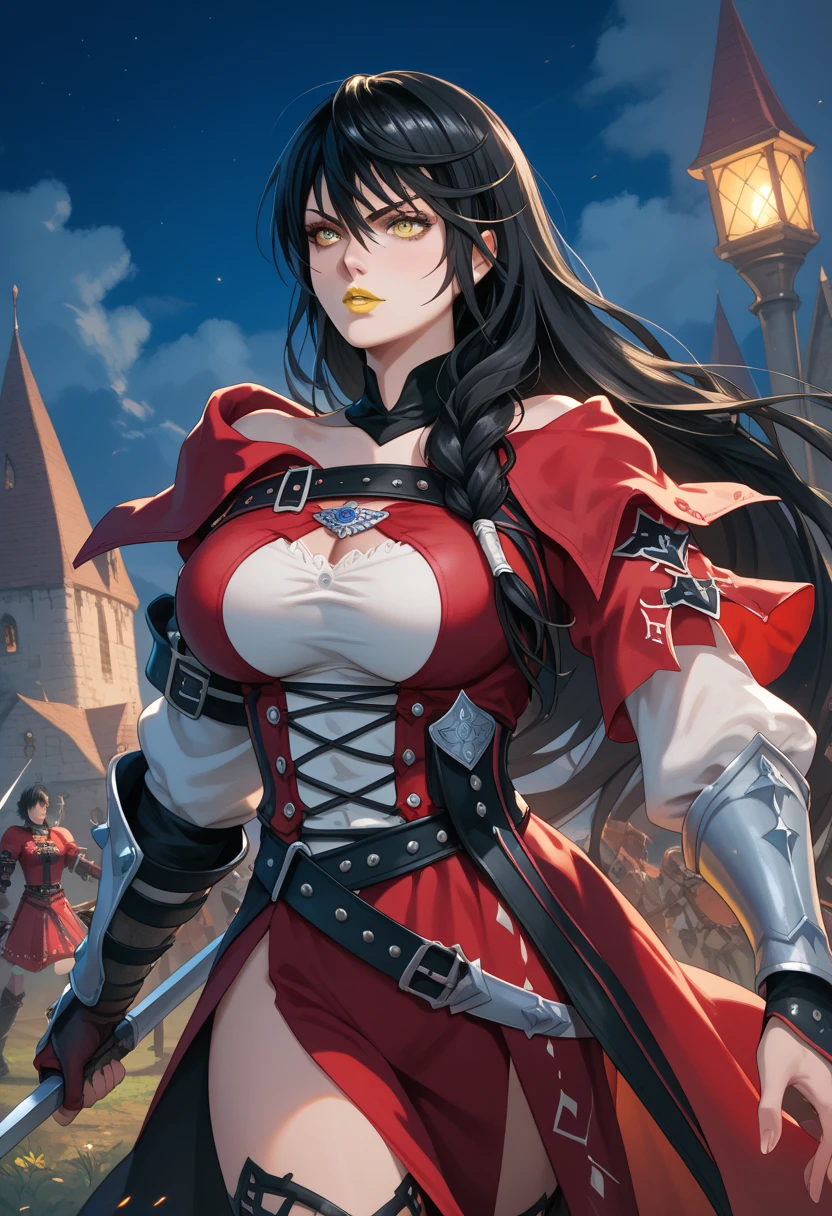 Black long hair, red scarf, brown clothes, pirate eyepatch, beautiful woman, woman with big breasts