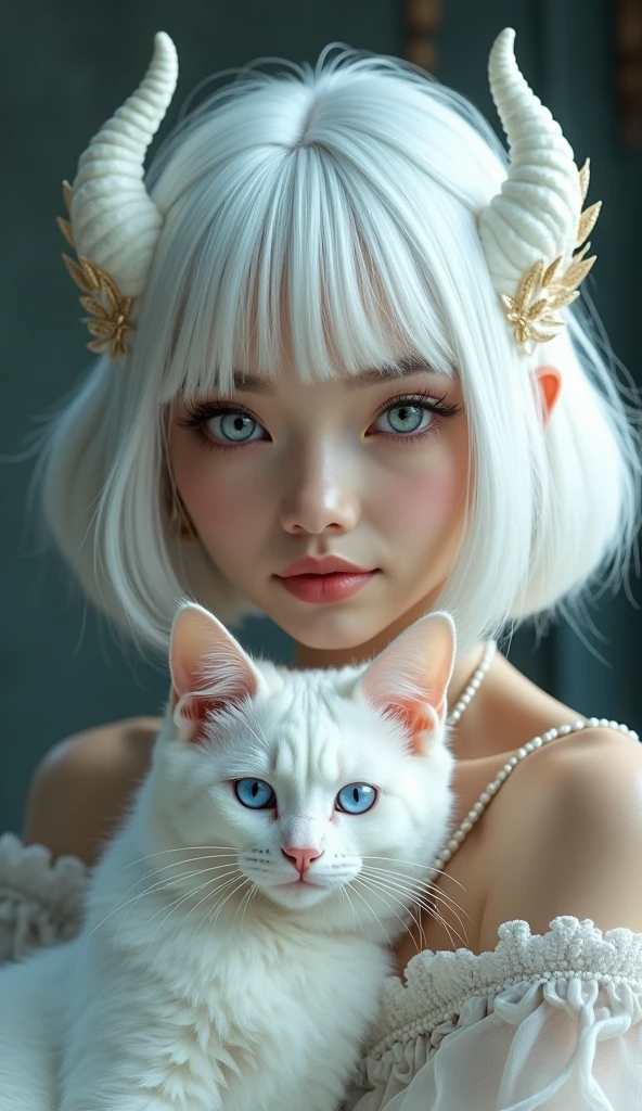 score_9, score_8_up, score_7_up, PG_rating, p3tl0v3, score_9, score_8_up, ultraHD, rating_PG, Expressiveh, ultrarealistic, medium shot, BREAK
25 years old goddess, pearl earring, glowing blue eyes, detailed eyes, serene face, warm smile, Bobcut white hair, (white dragon horn), BREAK , hugging a cat, jewelry, BREAK Expressiveh p3tl0v3