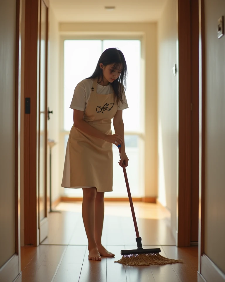 Maid cleaning a guesthouse room wearing shorts that reach the knee

