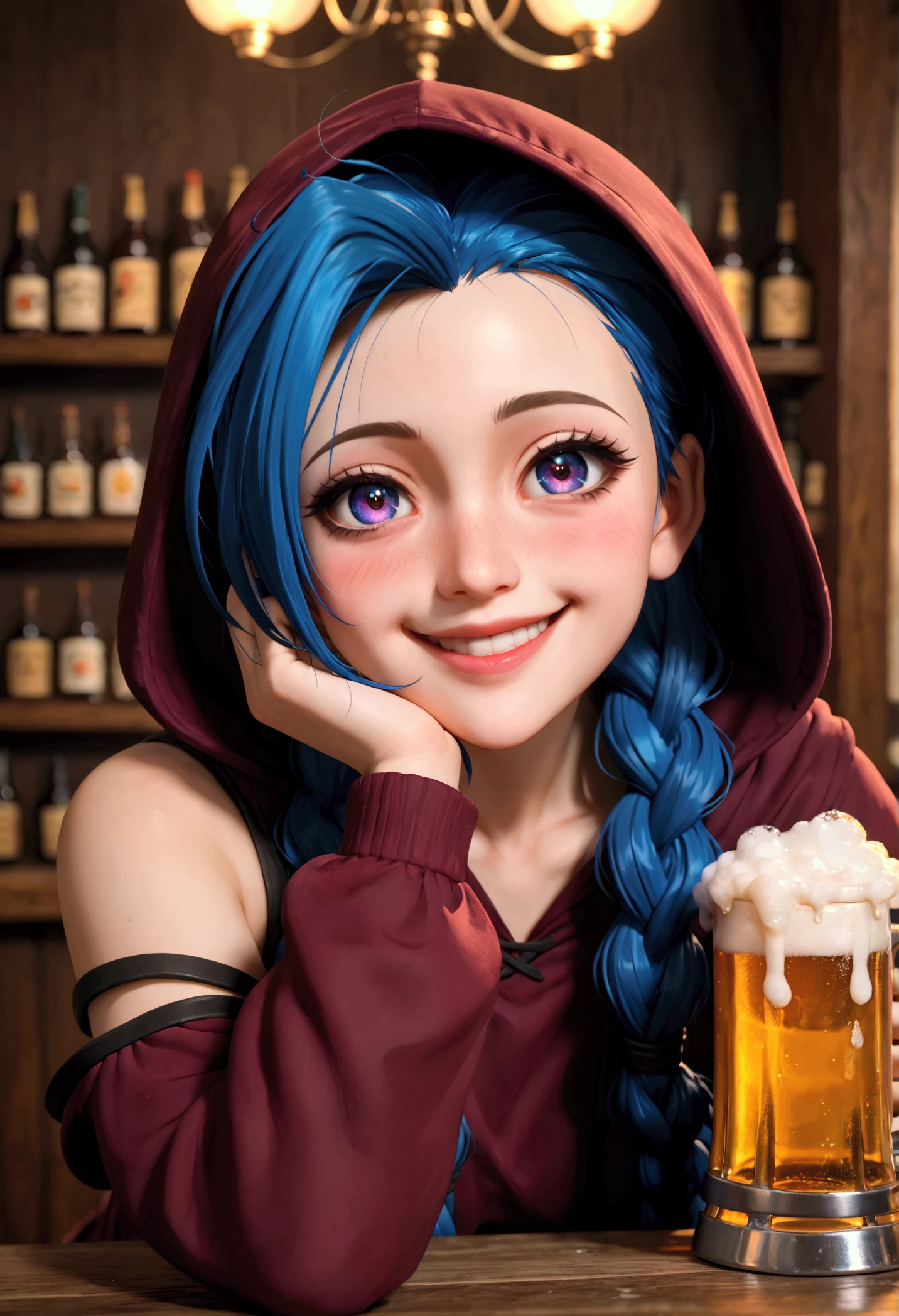 arcane jinx, hood, smiling, norrewed eyes, drunk, drunk bubbles, blush, face focus, detailed face, beautifull eyes, holding beer mug, looking at viewer, clinks mug with viewer, in bar, blurry background, masterpiece,