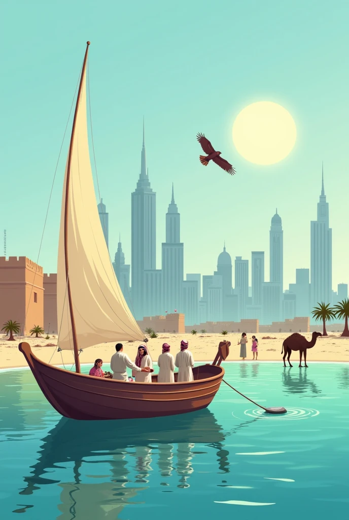 Foreground:
A traditional Bahraini dhow boat (a wooden sailing vessel) gently floats on the calm, turquoise waters of the Arabian Gulf. The boat's sail is billowing slightly in the breeze, symbolizing Bahrain's long history as a maritime nation. The boat’s deck has fishermen preparing their nets, reflecting Bahrain’s past as a center for pearl diving.
Background:
The iconic Manama skyline rises on the horizon with its modern glass skyscrapers, but alongside these, a traditional Bahraini fortress like the Bahrain Fort (Qal'at al-Bahrain) stands tall, signifying the balance between modernity and history.
In the Middle:
A group of people dressed in traditional Bahraini attire: men in thobes (white robes) and guthra head coverings, and women in abaya dresses with intricate embroidery. A man may be holding a dagger (khanjar), an important cultural symbol, while a woman might be offering dates or Arabic coffee in a traditional setting. This reflects the hospitality that Bahrainis are known for.
Cultural Elements:
Next to the group, a camel is calmly grazing, a nod to Bahrain’s Bedouin heritage. You can see traditional palm houses (Barasti) scattered in the background, made of palm fronds, showcasing the nation’s historical architectural practices.
Sky:
Above, the clear skies reflect a bright, warm sun, symbolizing the region’s desert climate. Perhaps a falcon soars in the air, representing Bahrain's love for falconry, a sport and tradition that has been passed down for generations.