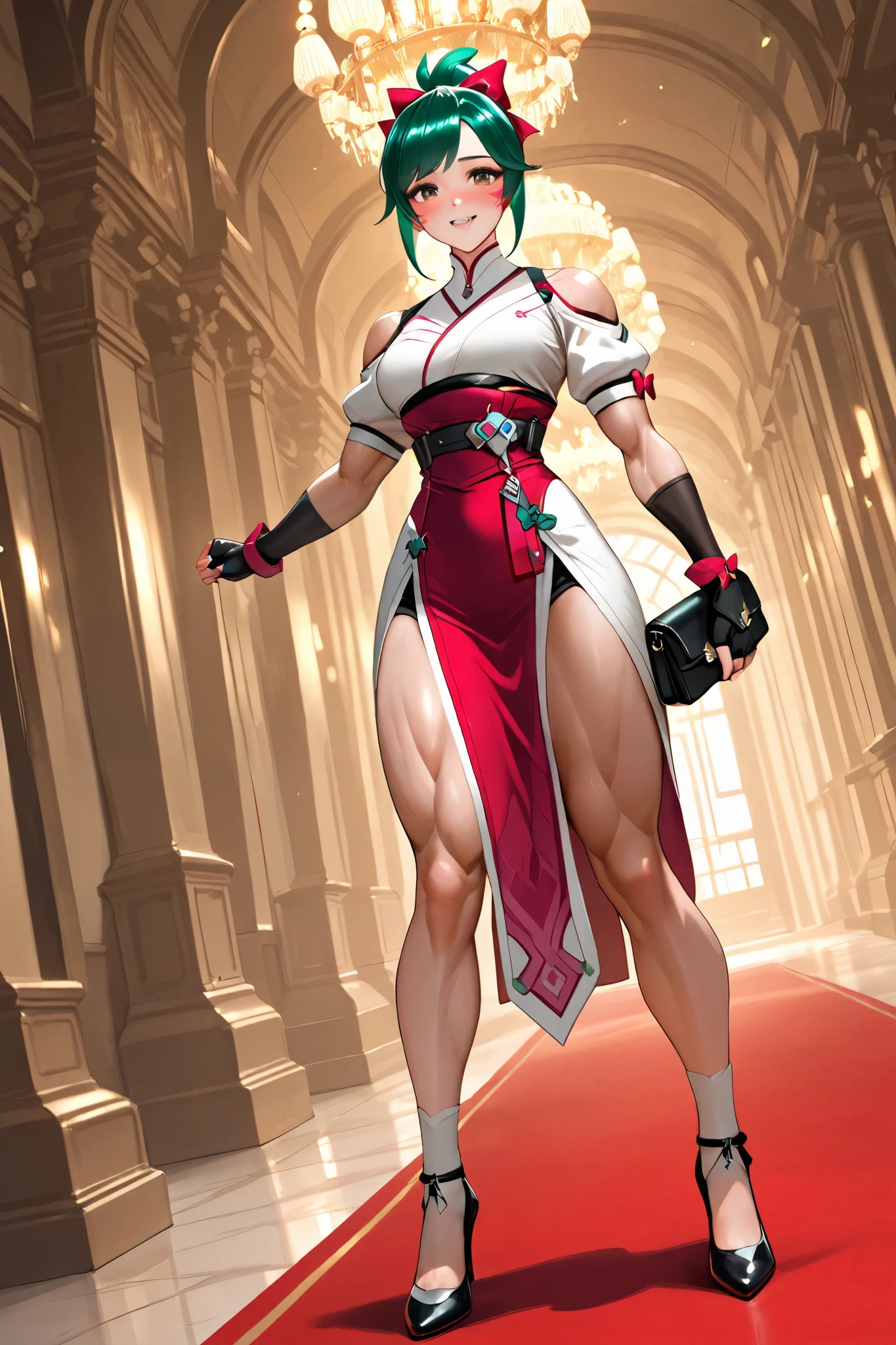 KirikoV3,1girl,skirt,gloves,bow,brown eyes,short sleeves,hair bow, red Japanese dress, green hair, elbow fingerless gloves,, from Overwatch, high heeled shoes, holding a clutch handbag, at a red carpet event for a movie premiere, super excited, blushing, Exquisite visuals, high-definition,masterpiece,best quality,Exquisite visuals,high-definition,masterpiece,best quality,23yo, high heels, face, Beautiful character design, mediummuscles, biceps, abs , muscular female, -slightmuscle- -bulky- -bodybuilder- -hypermuscle-, full body,
narrow waist, bare shoulders, medium breasts, Japanese angle, broad shoulders, muscular shoulders, defined triceps, super skinny, large hips