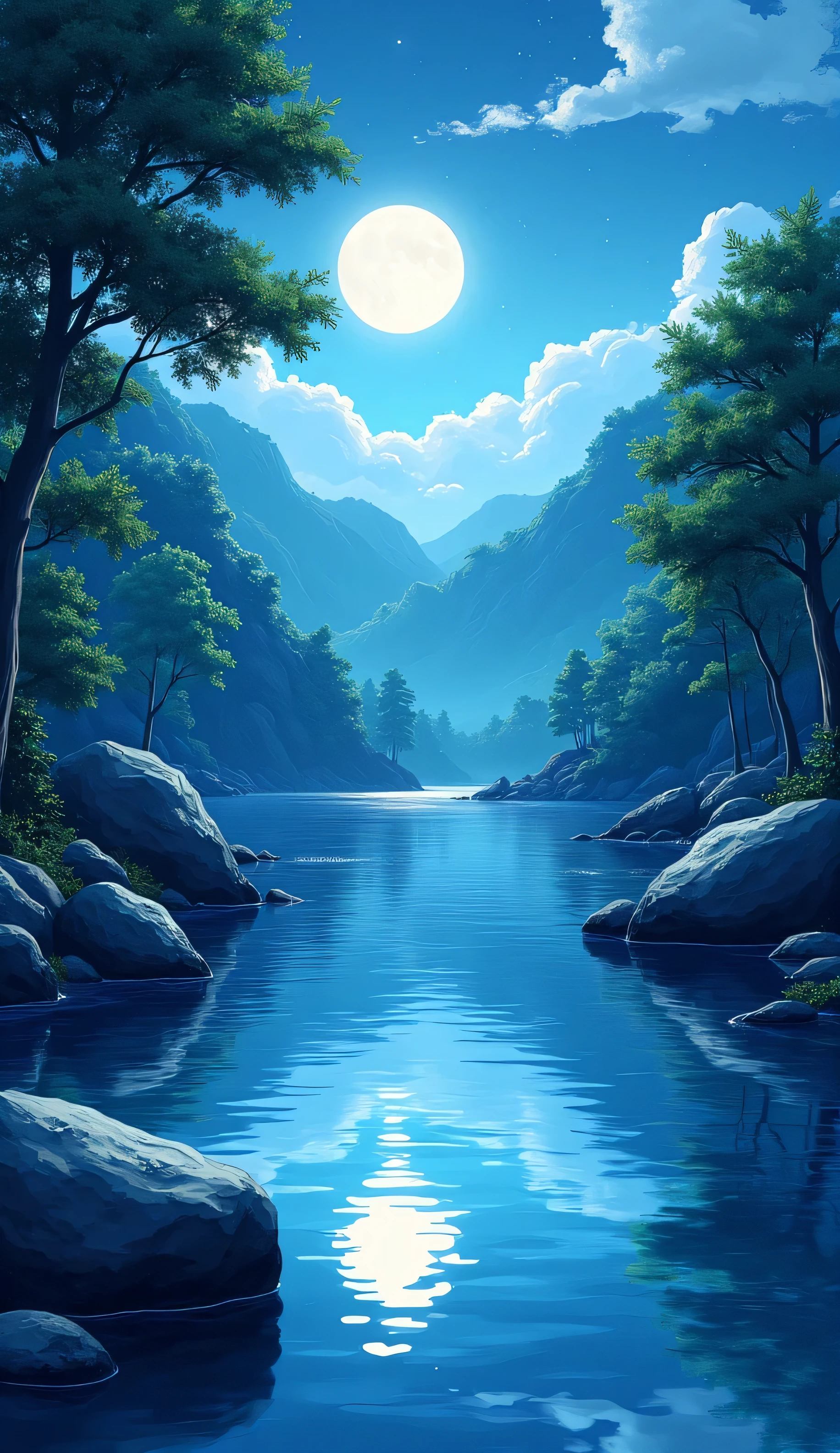Painting of a river with rocks and trees in the middle of it - SeaArt AI