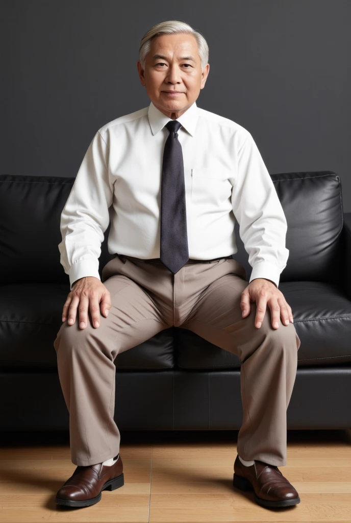 raw 4k photo, full body view, a 78 year japanese old man, looking straight at viewer, medium build body, short gray/white thinning hair, clean shaven, wearing white shirt and tie, a hugging tight dark beige colour trousers, brown loafer shoe, sat on a big black leather sofa in his modern architecture livingroom, Dark gray colour wall background, face looking straight at viewer, spread legs wide open, showing his small bulge, highly detailed bulge, large testicles print outline, highly detailed bulge with penis print outline, shp highly detailed, exceptional realism, bright lighting, hyper realistic,, highly detailed, exceptional realism, highly detailed, hyper realistic
