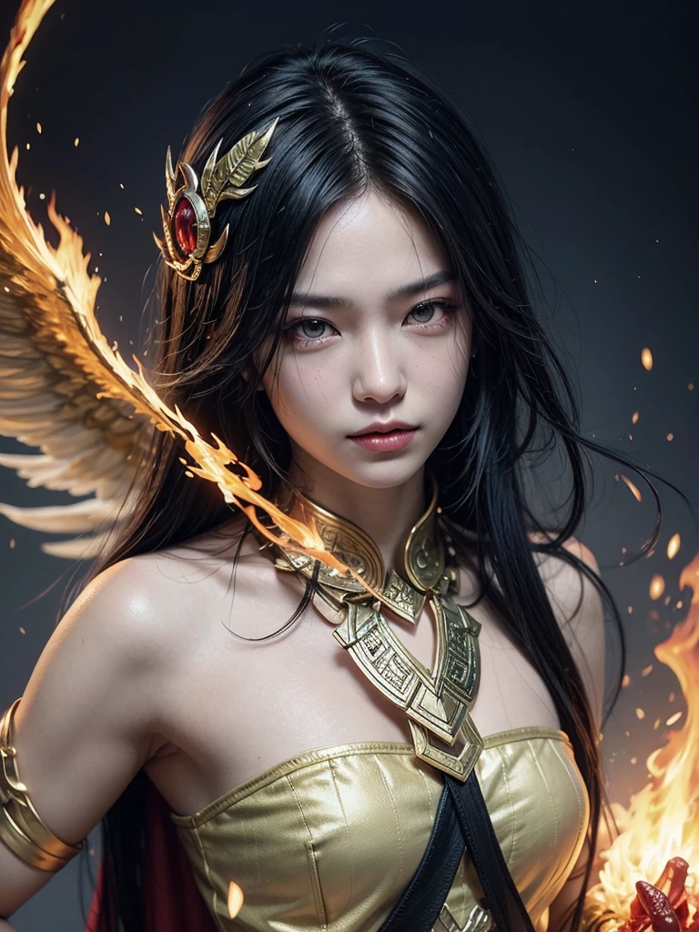 a close up of a woman with a fire and flames on her body, with fiery golden wings of flame, with fiery golden wings,  concept art | artgerm, phoenix warrior, extremely detailed artgerm, female lord of change, full portrait of Elementalist, epic exquisite character art