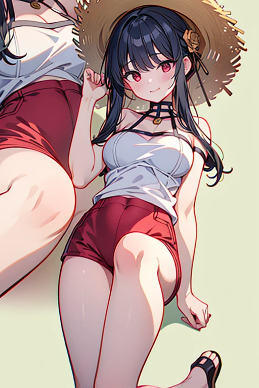 (masterpiece), Highest quality, One Girl, , cute, Flat Chest, Black Hair, Very long hair, She is looking towards the viewer, She is wearing a bright red leather collar., The collar has a lead attached, The lead is in the man's hand.,
She is wearing a white mini dress, Pure white clothes, Clothes without collars, The dress is sleeveless, exposing her bare shoulders and collarbones., The material of her clothes is very thin, The dress is see-through, The naked body is clearly visible, Her nipples are pressed against the fabric of her dress, Erect nipples, Nipples are visible, Almost naked,
Not wearing a skirt, Not wearing a bra, Not wearing panties, The hem of the dress is very short, The lower half is naked, She is exposing her waist, her belly button is visible, her pussy is visible, She purposely shows off her pussy, The crotch line is visible through the fabric, she has no pubic hair, Show me that you don't have pubic hair.,
She stands with her legs spread, Open your knees, Wearing a straw hat, She is barefoot and wearing sandals,
Very shy, blush,
She is walking around the city, Standing in a crowd, Being mindful of the surroundings, Handbags,
