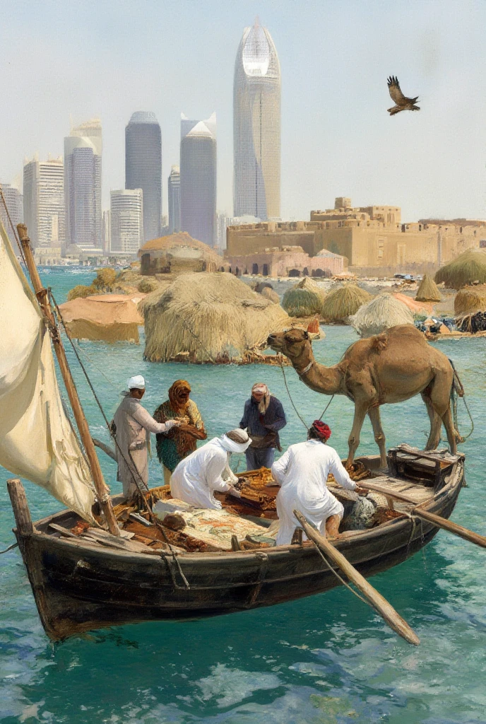 Foreground:
A traditional Bahraini dhow boat (a wooden sailing vessel) gently floats on the calm, turquoise waters of the Arabian Gulf. The boat's sail is billowing slightly in the breeze, symbolizing Bahrain's long history as a maritime nation. The boat’s deck has fishermen preparing their nets, reflecting Bahrain’s past as a center for pearl diving.

Background:
The iconic Manama skyline rises on the horizon with its modern glass skyscrapers, but alongside these, a traditional Bahraini fortress like the Bahrain Fort (Qal'at al-Bahrain) stands tall, signifying the balance between modernity and history.

In the Middle:
A group of people dressed in traditional Bahraini attire: men in thobes (white robes) and guthra head coverings, and women in abaya dresses with intricate embroidery. A man may be holding a dagger (khanjar), an important cultural symbol, while a woman might be offering dates or Arabic coffee in a traditional setting. This reflects the hospitality that Bahrainis are known for.

Cultural Elements:
Next to the group, a camel is calmly grazing, a nod to Bahrain’s Bedouin heritage. You can see traditional palm houses (Barasti) scattered in the background, made of palm fronds, showcasing the nation’s historical architectural practices.

Sky:
Above, the clear skies reflect a bright, warm sun, symbolizing the region’s desert climate. Perhaps a falcon soars in the air, representing Bahrain's love for falconry, a sport and tradition that has been passed down for generations.