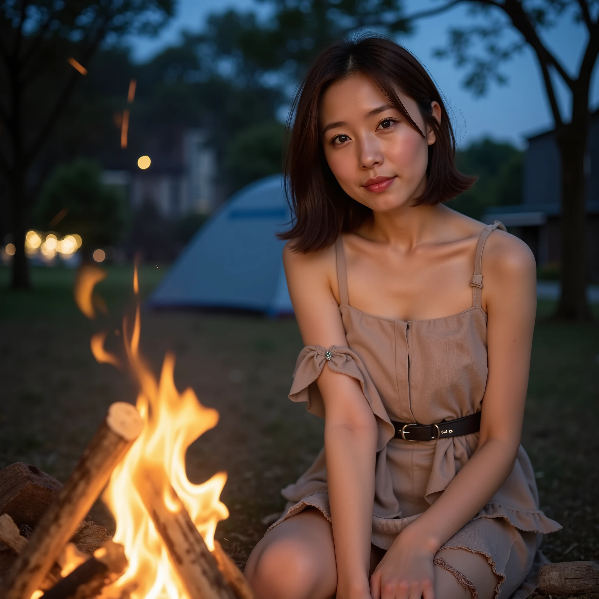 cute, 歳のアイドルのように cute日本人少女、 smile gently、 Cleevidge 、 Miniskirt、Campsite at night、Grilling meat on a barbecue、whole body、 RAW photos、Genuine、Genuine、 high resolution、life、 No Copyright Notice