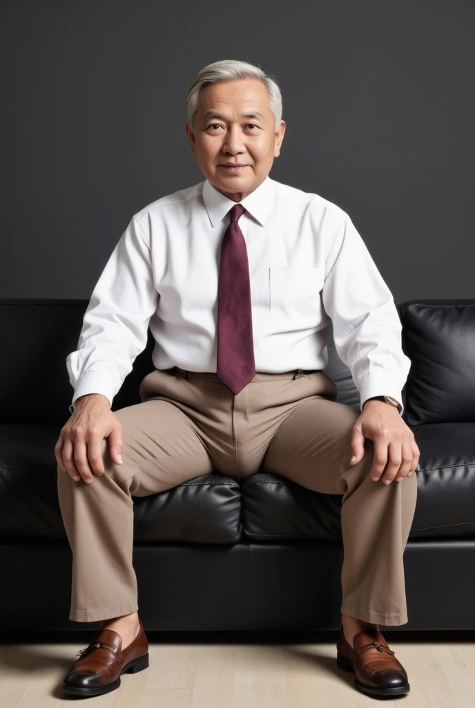 raw 4k photo, full body view, a 78 year japanese old man, looking straight at viewer, medium build body, short gray/white thinning hair, clean shaven, wearing white shirt and tie, a hugging tight dark beige colour trousers, brown loafer shoe, sat on a big black leather sofa in his modern architecture livingroom, Dark gray colour wall background, face looking straight at viewer, spread legs wide open, showing his small bulge, highly detailed bulge, large testicles print outline, highly detailed bulge with penis print outline, shp highly detailed, exceptional realism, bright lighting, hyper realistic,, highly detailed, exceptional realism, highly detailed, hyper realistic
