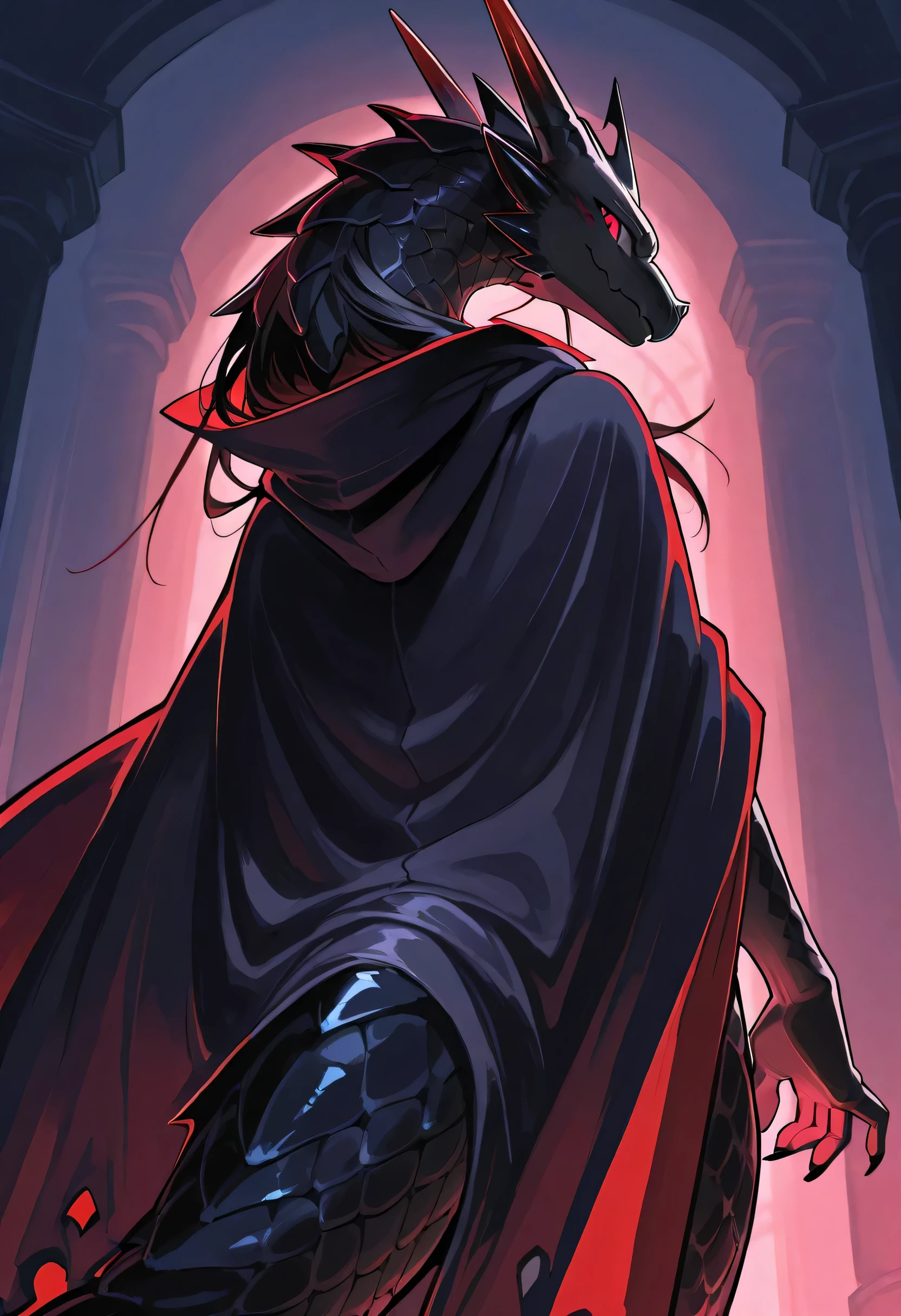 ( High Quality ) anime style with super long bangs、The background is midnight(solo1:5)( female dragon) ((((creature、Kaiju)))) (On jet black scales)(upper body)(The pose is with the back turned and the person looking back.)(Back shot)(This dragon is hiding his body in a vampire cloak.)(A vampire's cloak is so large it reaches the ground)(No tail)