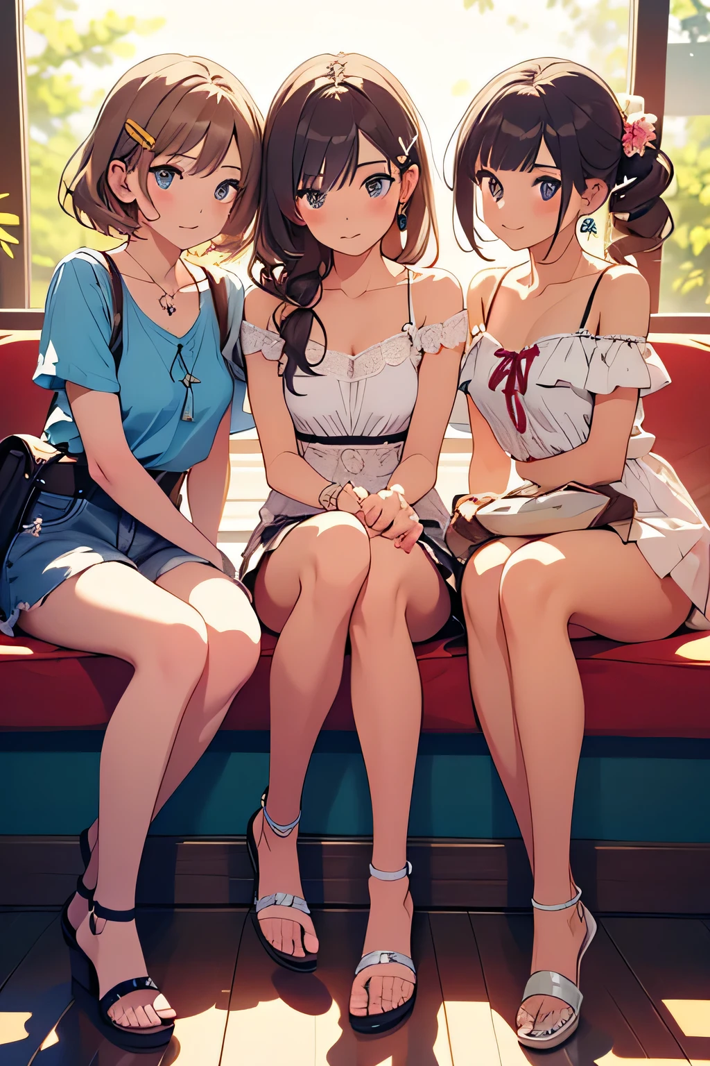 score_9, score_8_up, score_7_up,3girls,
source_anime,
8k, complex composition, volumetric lighting,
3 smirking beautiful 24 year old girls with shoulder length hair ,medium breasts,perfect skin, PERFECT FACE, juicy legs,
wearing different colored printsundress ,lace up boots , show heels,
sitting on a stoop, legs crossed
<lora:add-detail-xl:2>