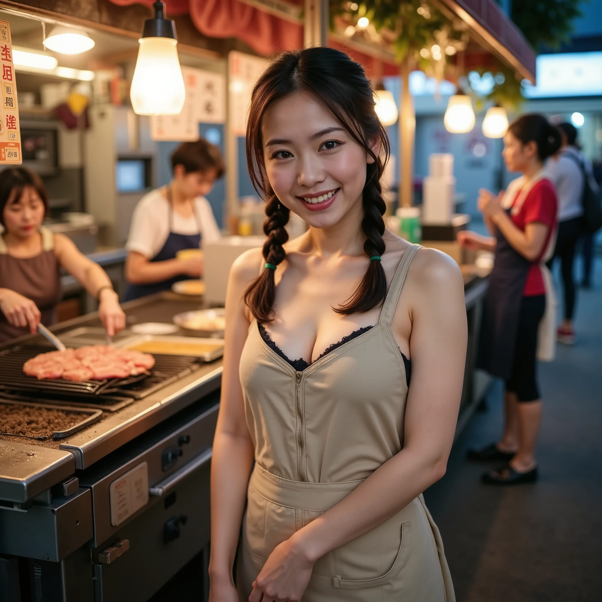『 one Japanese girl:1.3』『 real photos:1.3』 best quality :1.2、(( big breasts))、 showing off her teeth 、(( young woman))、(( has red cheeks))『 Smiling Showing Teeth :1.9』、((( anatomically correct、 Complete anatomy、 anatomically correct指)))、 realistic, best quality , ultra high definition, RAW photos, (Curvy body)、( Staff grilling meat at an old outdoor stall hiding their beautiful nipples with aprons), ((Wear only thin aprons 、Mr.々な模Mr.と色のついたものを裸の上に身につけています, sweat)), small breasts, ((I'm wearing something with a , pubic hair)), (Food Festival Night, customer, A place where many people pass by), braided , angle , glass,