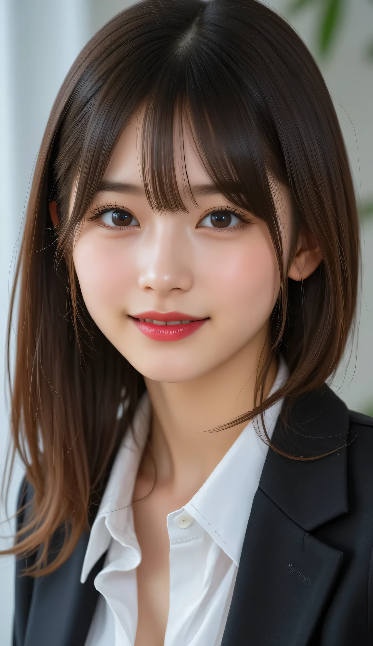 top-quality、 ultra-detailed､ high resolution illustration 、 Ultra-high-definition CG 、Audio、Improve skin quality、reality、​masterpiece:1.2、 high detail、Body Beauty: 1.4 , Very Detailed Face and Skin Textures , detailed eyes on board, double eyelid 、8k、35mm Lens、 photorealistic: 1.37、Brighten the screen),(Half Japanese and half Russia),((171cm)),((red lips)),(cute smile),((Wow with tree bangs long)),(((blazer,school shirt,:1.5)),((European Modern)),(Extreme、Close Up)