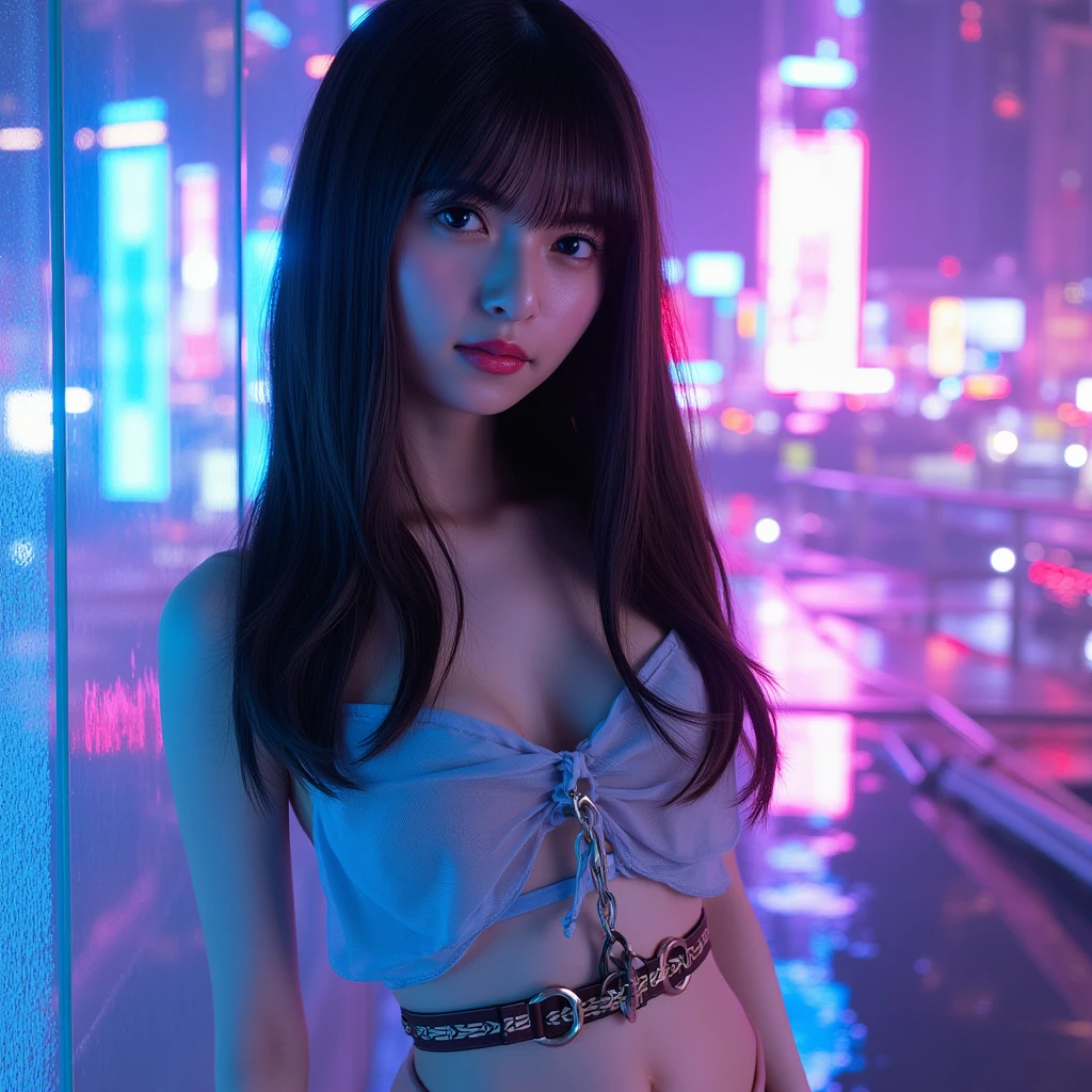 "A cyberpunk city in 1980s Japan that seems like it's from a sci-fi movie, it's raining, night, in the room there's a single girl, she's smoking, outside the window there's a full moon, chill atmosphere, Disney-like touch, Japanese, 20 years old, black choker, black cross necklace, brown long hair, bang, bracelet, ring, big breasts, raise hands, show armpits, sweaty, sexy, bitchy, confident, vibrant, pink tanktop, white short jeans above knee, looking outside the window, long brown hair."