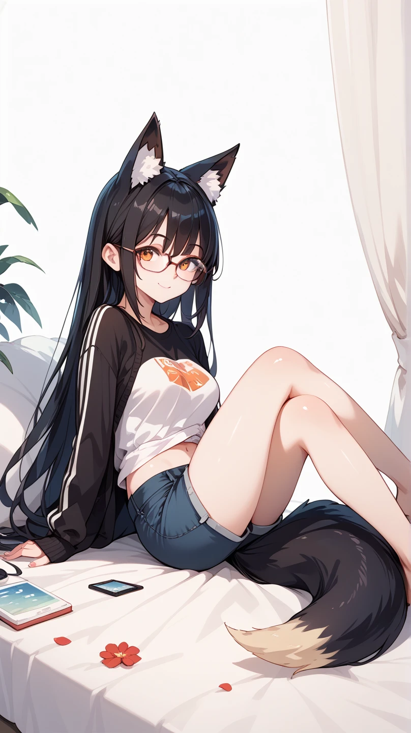 Solo, score_9,score_8_up,score_7_up, a young nerdy Anthro furry wolf woman, white furry body, tall, long black messy hair, hair covering one eye, long bangs, long black hair, blue eyes, black glasses, small breasts, white wolf tail, topless, wearing oversized red t shirt, exposed shoulder, black boy shorts, bored expression, eyes half open, barefoot, 4 toes, lounging on a couch, holding a box of pocky, a pocky stick in her mouth
