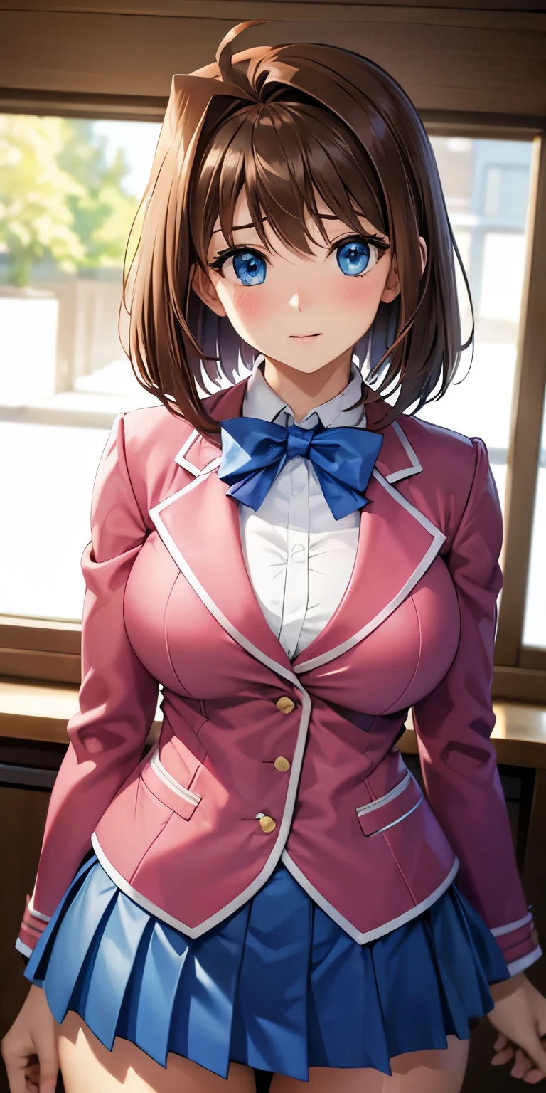 1 Female,High definition,high resolution,Ultra-realistic,8K, aamazaki, (antenna hair:1.2), blue eyes,blue bowtie, pink jacket, blazer, long sleeves, blue skirt, tight skirt, miniskirt,pleated skirt, large breasts,European,sexy,Upper body close-up,Photographed from the front,Dynamic Angles,(blush), (medium tits) ,wide thighs