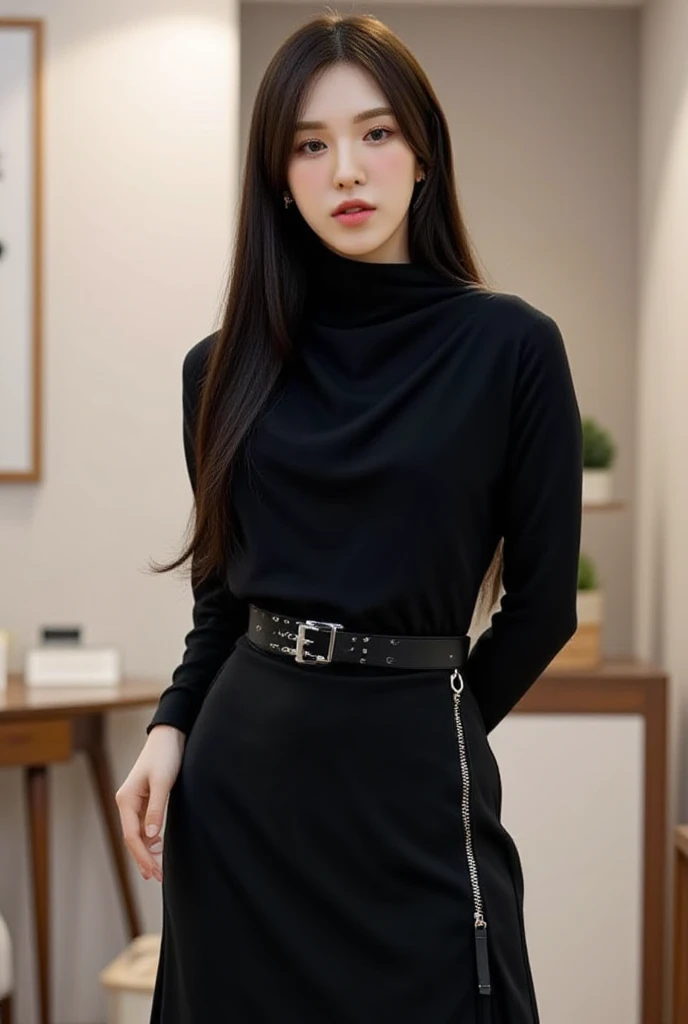  A 20-year-old woman , full body view, use a long sleeve tight T-Shirt of black color ,  using a long fishtail skirt to the toe of the black color, lips are black , using a tight hijab of black color 