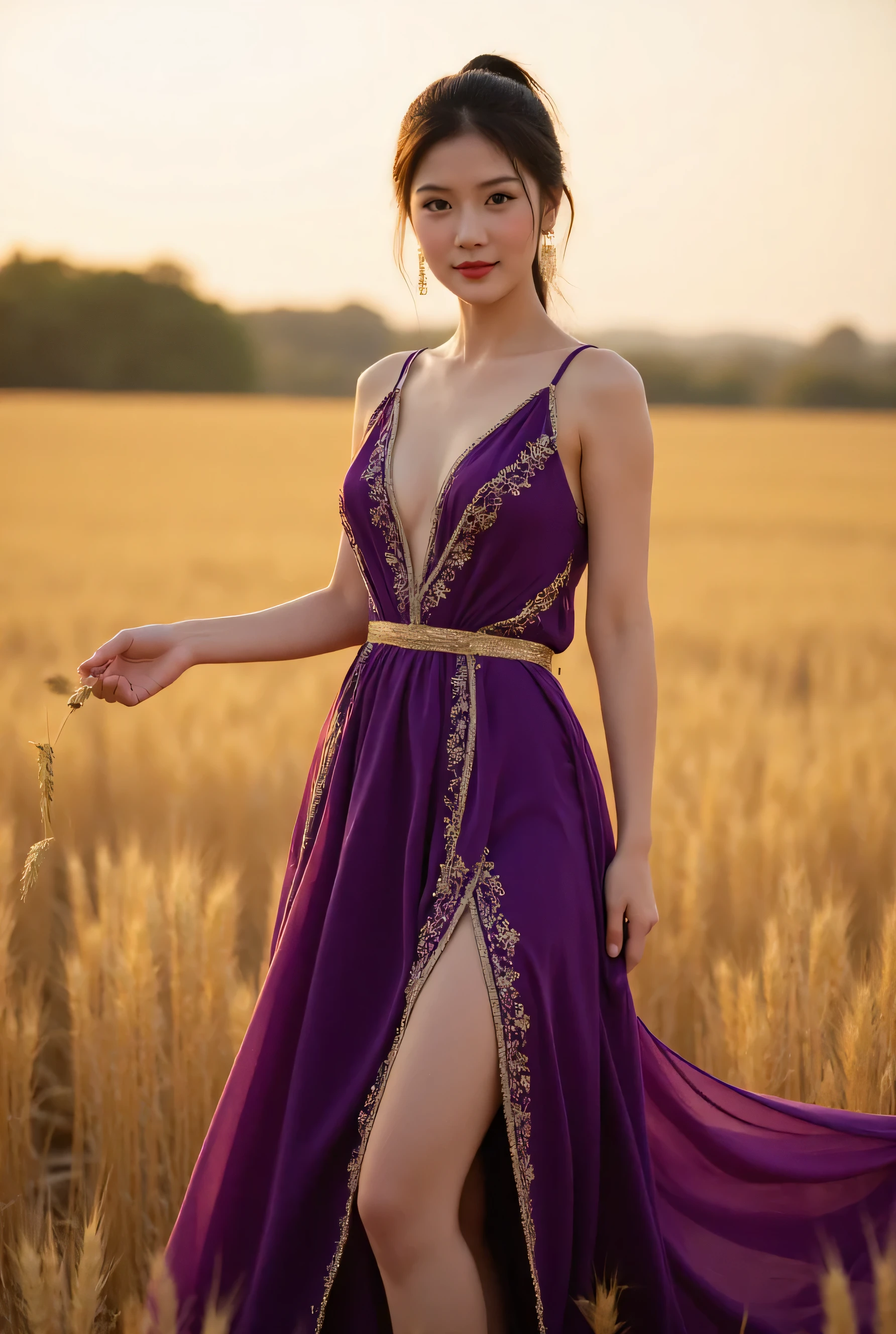 A Thai woman of about 25 years old stands gracefully in a vast golden barley field under the warm afternoon sunlight. She wears a stunning Roman-inspired evening gown in the deep imperial purple, a shade that conveys elegance and grace. The evening gown is made of a light fabric that naturally flows down her body, creating a sweet look. The deep V-shaped neckline tastefully emphasizes her collarbone and reveals her cleavage. Decorated with gold and intricate embroidery along the edges of the evening gown, the luxurious design stands out. A gold belt ties her waist to accentuate her figure, while the evening gown is slightly separated at the sides to reveal her slender legs as she stands. Her hands are gracefully placed. One hand is extended outward, fingers slightly bent as if reaching for a grain of barley, while the other rests lightly on her hip, adding to her graceful posture. Her jet-black hair is neatly styled into a high ponytail, with loose curls framing her face.