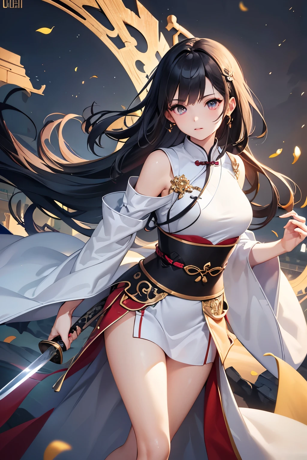 Extremely detailed CG unity 8k wallpaper, masterpiece, best quality, super fine, (beautiful detailed eyes: 1.2), high resolution, extremely detailed, highest rendering, (1 girl: 1.5),young girl,Animation style, ancient Chinese style,white hanfu, black hair, shoulder-length hair, Charming look, long legs, girl, a sword,Blade up