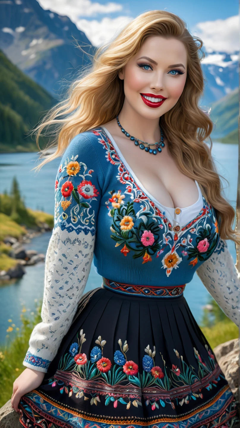 Blonde Woman On hands and knees, Messy Hair, Pale Skin, Red Lips, On hands and knees. verlooking Mountain Valley, Alpine Lake. Dress Wth Woodcut Patterns, Black Knee-Length Pleated Skirt Wth Blue Embroidery, Norwegian V Neck Sweater With Rosemaled Designs. Midriff Wide Smile, Eyes Detailed & Wide,Dynamic Pose. On hands and knees Digital Painting, 4K Ultra HD, Rococo-Inspired Fantasy Art With Intricate Details. Cute, Charming Expression, Alluring-Gaze, Beautiful Blue Eyes, An-Ideal-Hourglass-Figure. Nina Debrov. Large Youthful Well-Shaped Bosom, Large-butt. massive-Round-Breasts Décolletage. Full Length Side Profile. Meghan Fox.
