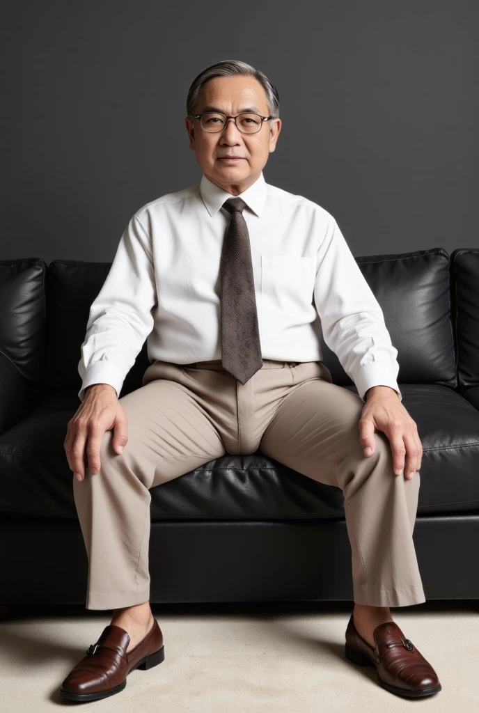 raw 4k photo, full body view, a 78 year japanese old man, looking straight at viewer, medium build body, short black  colour thinning hair, clean shaven, glasses, wearing white shirt and tie, a hugging tight dark beige colour trousers, brown loafer shoe, sat on a big black leather sofa in his modern architecture livingroom, Dark gray colour wall background, face looking straight at viewer, spread legs wide open, showing his small bulge, highly detailed bulge, large testicles print outline, highly detailed bulge with penis print outline, shp highly detailed, exceptional realism, bright lighting, hyper realistic,, highly detailed, exceptional realism, highly detailed, hyper realistic
