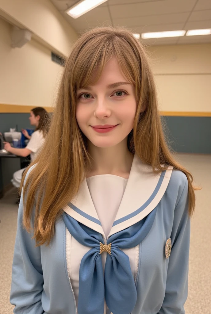   Creates a beautiful  old high school girl with long golden brown hair,  shining eyes  ,   and a radiant smile  .   She wears a neat school uniform  ,   with elegance and accessibility  .   She should look confident and kind  , with a tenderness  ,   dreamy aura matching the school idol  