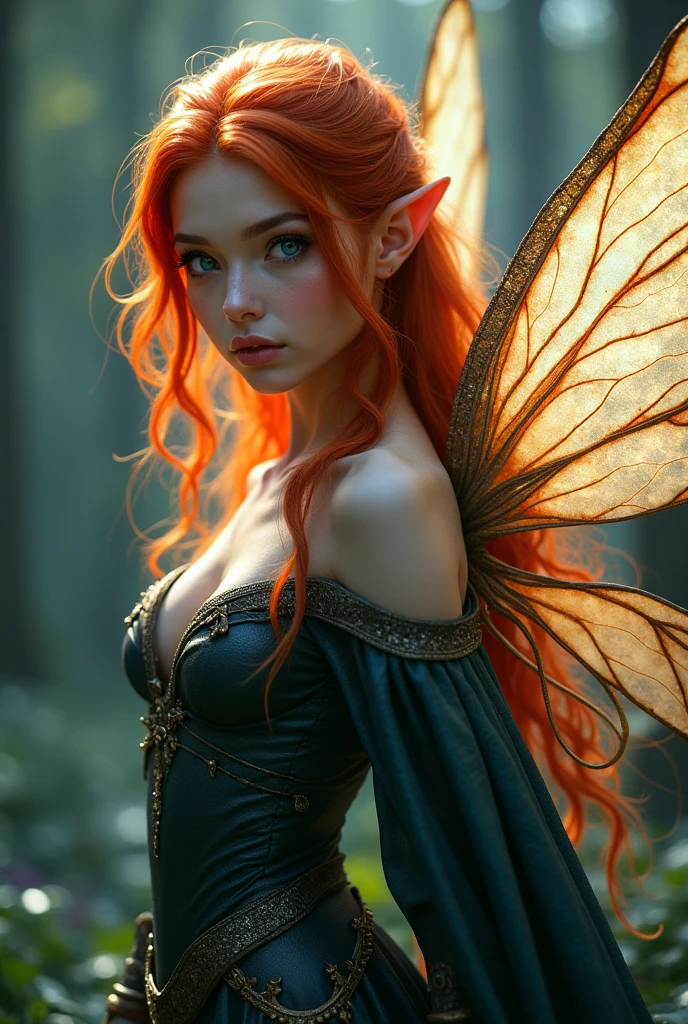 Evil Pixie witch with butterfly wings, piercing emerald eyes, long red hair, intricate detailed face, flowing white dress, dreamlike fantasy background, (best quality,4k,8k,highres,masterpiece:1.2),ultra-detailed,(realistic,photorealistic,photo-realistic:1.37),vibrant colors,glowing lighting,cinematic composition,fantasy art,concept art