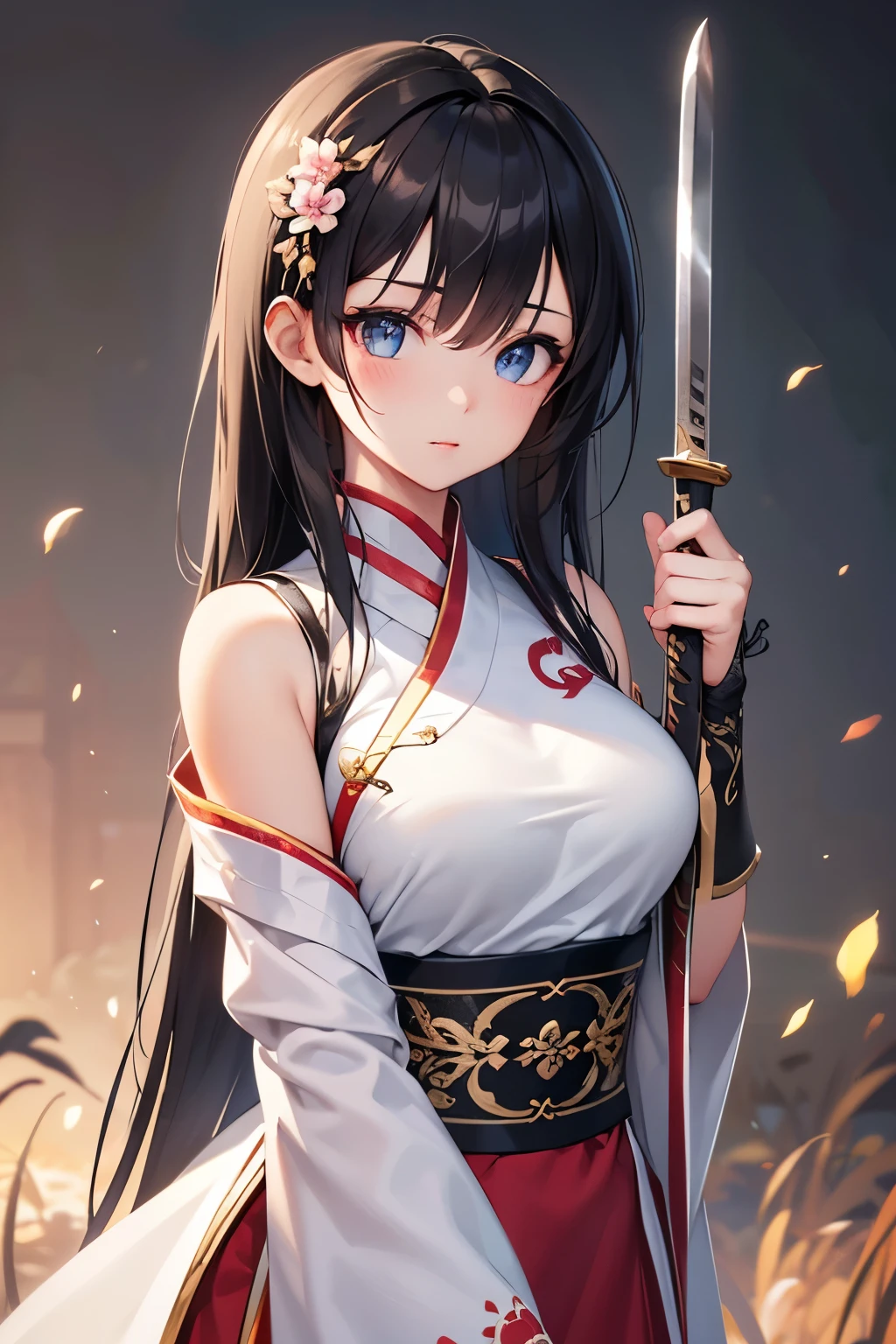 Extremely detailed CG unity 8k wallpaper, masterpiece, best quality, super fine, (beautiful detailed eyes: 1.2), high resolution, extremely detailed, highest rendering, (1 girl: 1.5),young girl,Animation style, ancient Chinese style,white hanfu, black hair, shoulder-length hair, Charming look, long legs, girl, a sword,Blade up