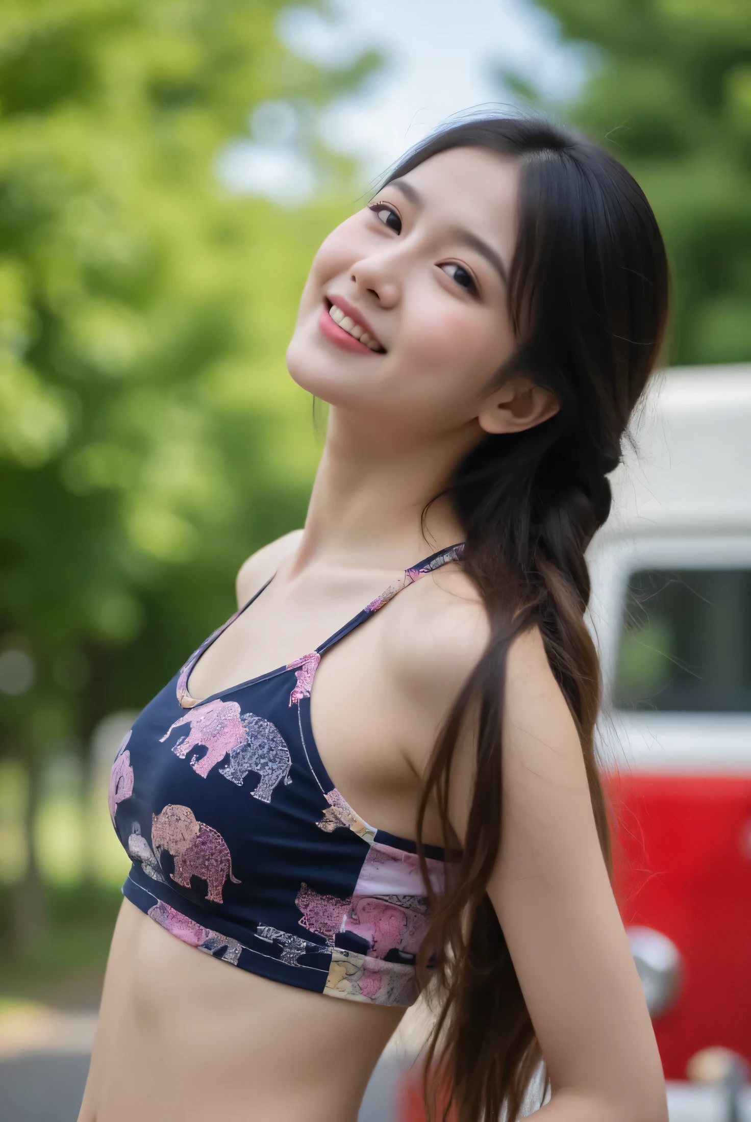 Photos of a beautiful, slender Thai woman with fair skin and long brown hair in a side braid. She wears a navy, elephant and Thai crop-top. She stands on her side and her elbows are wearing a red vintage van. The background consists of green trees and a bright sky, she has a cheerful complexion and makeup. She is the least.