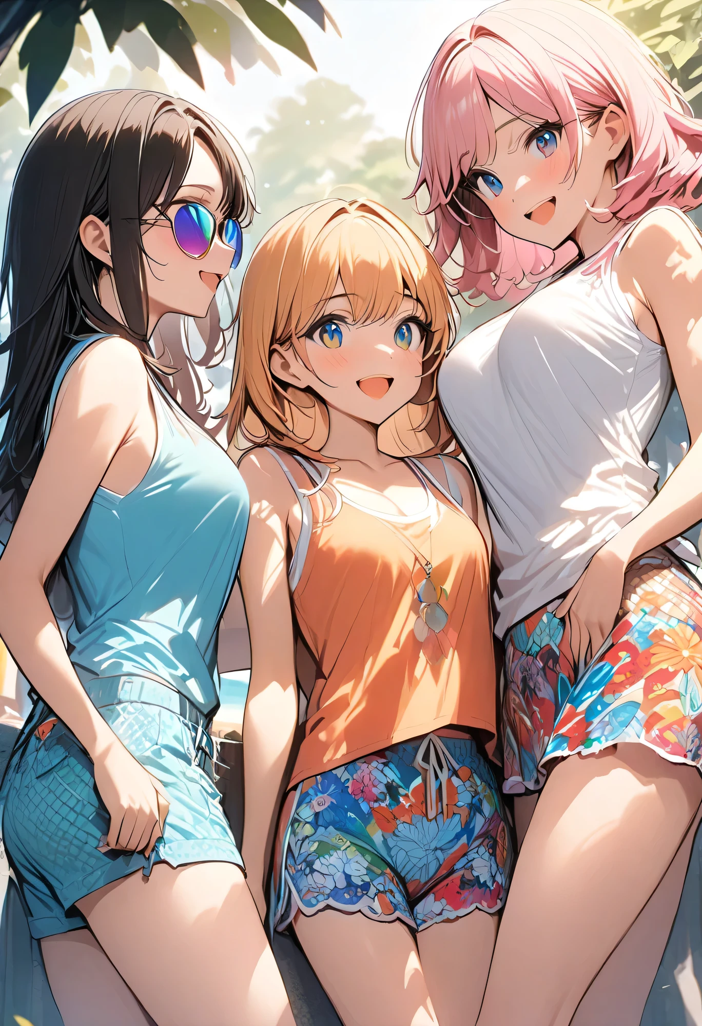  best quality 、 high resolution、( HD:1.2)、masterpiece、 detailed background、( beautiful face down to the smallest detail:1.4)、 anatomically correct、 detailed expressions 、( detailed eyes:1.2)、age beauty、 big size、(3 women)、( highly detailed face:1.4)、Sunny Park and Garden 、 emphasizes breasts、 big smile when looking back、

( 3 beautiful girls having fun with friends :1.5)、

 neon colored tank tops and patterned t-shirts 、 brightly colored shorts and patterned skirts、 colorful beaded accessories and sunglasses 、Beach sandals and slip-ons 、 colorful tote or mesh bags 、 Very Beautiful 