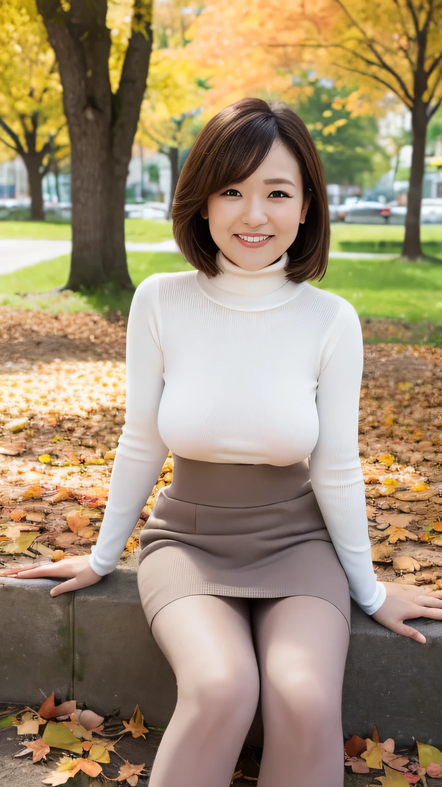 best quality 、8k、Masterpiece、 ultra high definition、Clear Photo、 professional lighting、 natural light、 realistic、 very detailed skin、 Complete anatomy、 one woman、Age 30、:1.8、 small tits、((saggy breasts:1.8、nagatite:1.2))、 light brown hair 、 beautiful hair、smile、 high neck knitted sweater 、 micro pencil skirt、 black pantyhose、((( autumn park、 lots of fallen leaves )))、 sneakers