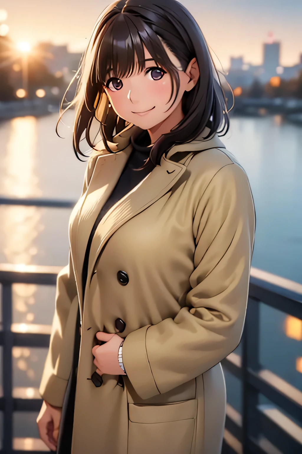 Middle-aged woman standing on a bridge and looking at the edge. dawn, Autumn. Volumetric Light. cold, Overcoat. 35mm f/1.8. Bokeh,  Shallow Depth of Field. smile