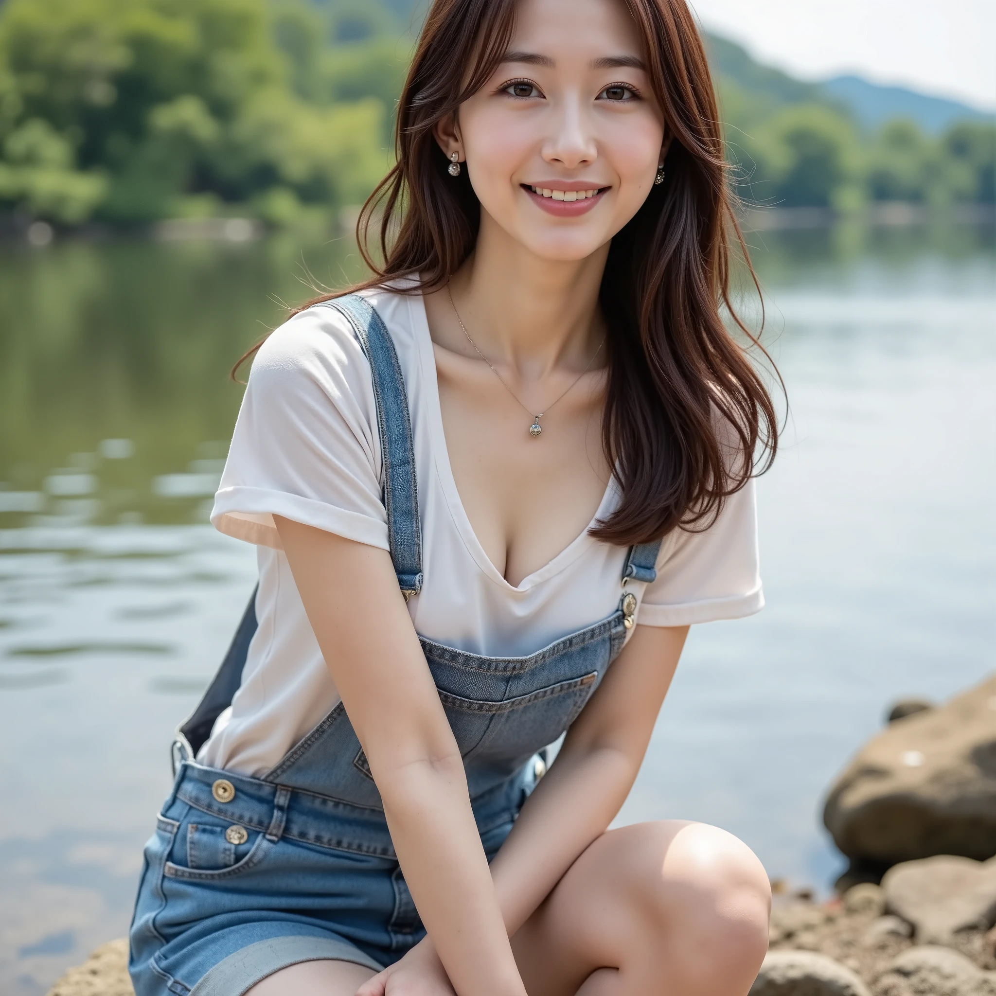 『 one Japanese girl:1.3』『 real photos:1.3』 best quality :1.2、(( big breasts))、 showing off her teeth 、(( young woman))、(( has red cheeks))『 Smiling Showing Teeth :1.9』、((( anatomically correct、 Complete anatomy、 anatomically correct指)))、 realistic, best quality , ultra high definition, RAW photos, (Curvy body)、((( Complete anatomy))), Clear Days , enjoy a charcoal barbecue with like-minded friends on the large and beautiful riverbank.,The 20-year-old idol was 、 waiting for nice chopsticks and plates to match the necklace and earrings ., casual style with a t-shirt , overalls and sneakers that focus on the details ,(((that' cute and rotates with one leg raised ))), The smell of delicious scuba on a griddle is irresistible ., Highest Image Quality ,Professional Perspective, split your lips , ultra high definition, realistic:1.4), high detail,Focus on the details ,One girl's focus,Beautiful brown hair, A beautiful face with a delicate, tall nose , long limbs and thin waist like the model , white sneakers look great on your beautiful ankles ,Her white skin is dazzling,