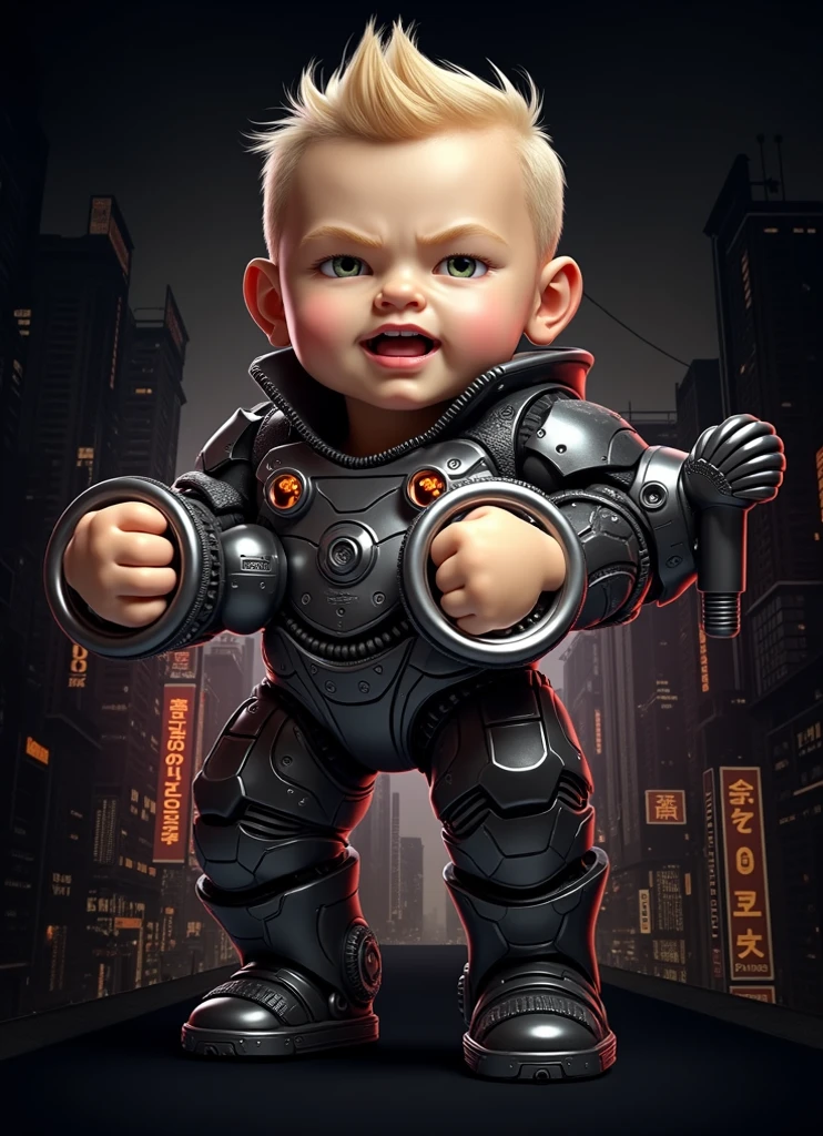 a baby cyborg boy, cute pose, very cute, detailed face, detailed fat body, detailed outfit (reality: 1.4), (A hyper-realistic), (high resolution), (8K), (highly detailed), ( Best Illustration), (detailed eyes), (ultra-detailliert), Bright lighting, Professional Lighting, The background is the battlefield.