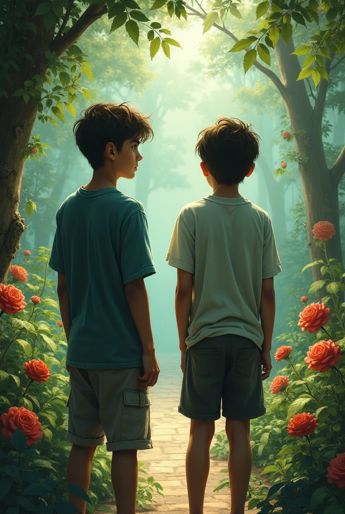 A boy and a boy listening to strange voices in the woods