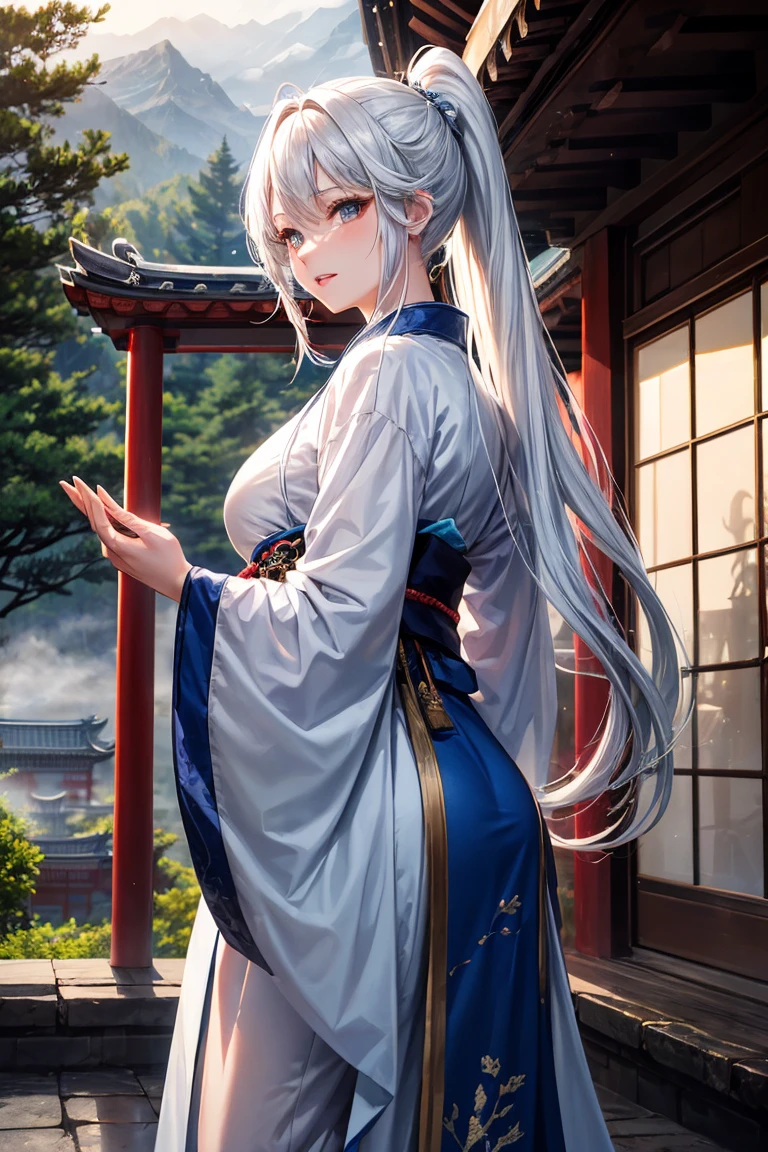 (Beautiful models in Japanese kimono ads), (Solitary), ((The face is 80% Beauty and elegance, 20% Playful:1.5)), (Her), Clear eyes, (Delicate eyes, Light brown eyes, Smart pupils), Double eyelids, (Sexy and slightly thick lips:1.2), Ultra Detailed and incredibly high resolution Kimono, Highly detailed facial texture, Attractive body shape, Full figure、very attractive woman, High-resolution RAW color photos Professional photos, rest ultra high-resolution textures, High resolution body rendering, big eyes, An unrivalled masterpiece, Incredibly high resolution, Ultra Detailed, Amazing ceramic skin, rest (Wearing a sparkling limpa flow silver kimono,There are many colors of Limpa Silver), (The main color is Rinpa shiny silver, Black to silver gradient from hem to collar), (Meticulously crafted classic Japanese shiny silver kimono), ((The embroidery pattern is a Japanese dragon, cloud, Mountains, and rivers)), (A belt that matches this kimono), ((shiny silver kimono,With delicate and elegant embroidery)), (The background is a night view,Light snow falling) rest ((best quality, 8k)), Clear focus:1.2, (Layer cutting, Large target:1.2), (Beautiful Women in Perfect Shape:1.4), (Beautiful figure,Full breasts:1.3), Slim waist, (The right hand shape:1.5), (full-body shot | Cowboy shooting | Rear view)