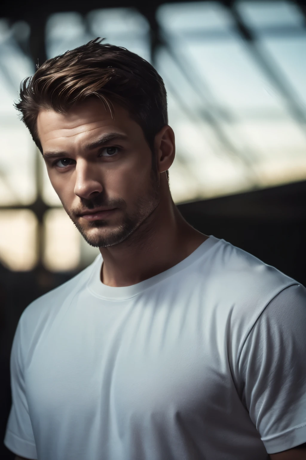 masterpiece, real photo, perfektes face, realistic, masterpiece, foto, studio, man, middle age, nerdy, white t-shirt, completely blank t-shirt, posing front of camera, in a hangar, dark light, smooth lighting, t-shirt, normal t-shirt, facing to camera, frontal to camera, matte material, matte fabric