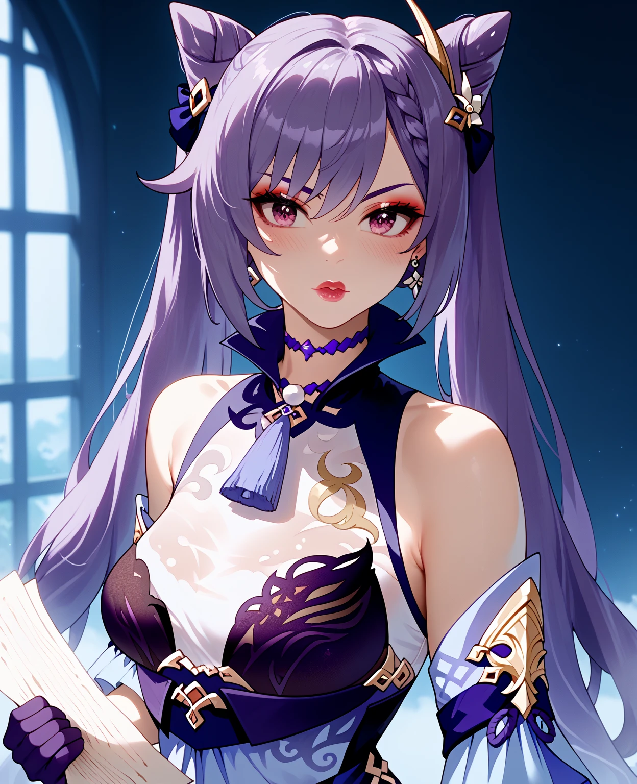 Ganyu, genshin impact, absurdres, highres, ultra detailed, ultra-detailed background, detailed background, extremly detailed, 1girl,bunch of flowers, (zentangle:1.2), (geometric:1.2), purple and gold color palette, monochromatic gold and purple, big breasts, cleavage, sideboob, lingerie, realistic depiction, portrait, close up, 
