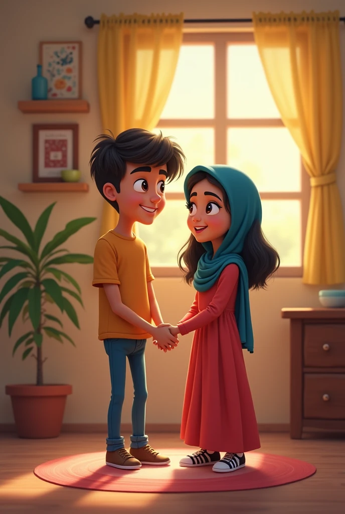 bangali muslim girl with glass square fare skin tone 23 years old small face little big lips sharp nose.modest cloth.with her husband who has beard chubby face fare skintone and wear glass.3d animated