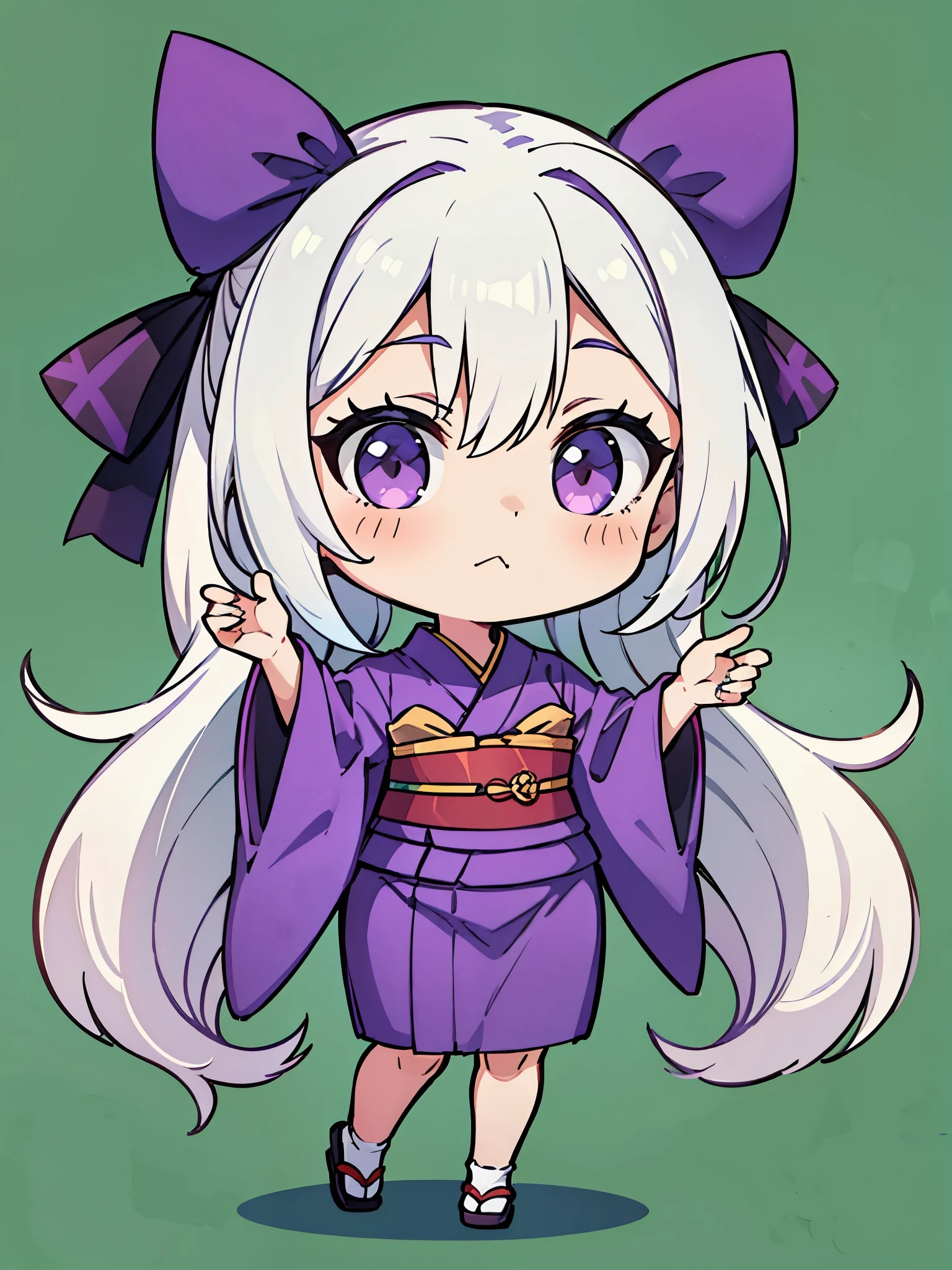 1girl,Purple kimono,chibi full body,white hair,long hair,green background