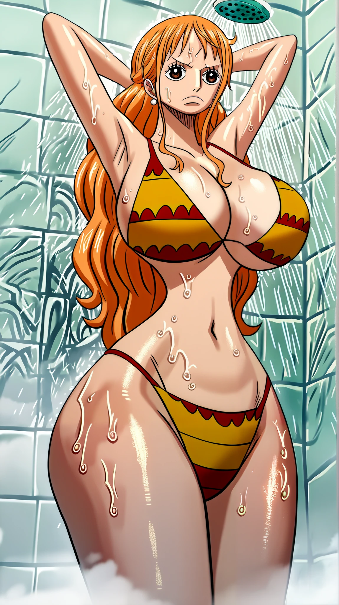 Source_9_up, Source_8_up, source_7_up, source_6_up, source_5_up, Source_MILF, Source animé (One piece), source Hentai Doujin expressive , source hentai, Masterpiece, best quality, Amazing quality, stunning quality, newest, style amime, anime, anatomically correct, detailed, high detailed, super detailed, textured skin, earring, detailed face eyes and skin, detailed face and eyes extreme detail, skin detailed, brillant skin, Dynamic skin, Style Kawaii, Dynamic lightning, surreal, 8k wallpaper, stunning quality, cute and sensually, 1Milf Mature mommy, 40s, Nami, embarrassed, massive corpulency, Dream body, milf body, Milf, Massive large Breasts, Massive Huge Ass, massively huge ass, bikini latex white, Body very exited, oiled body, Dutch angle, from below, Shower, hands behind the head, big ass, sweaty
