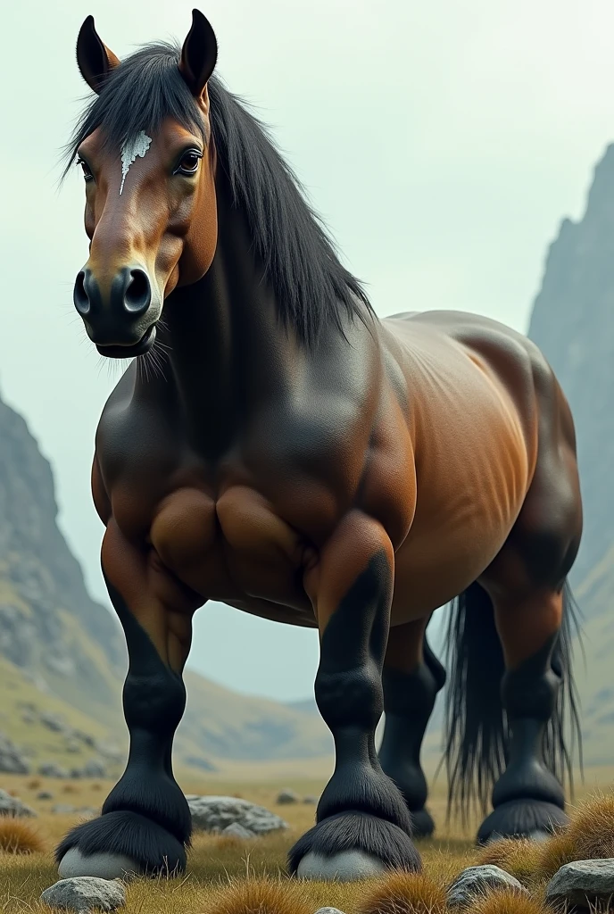 furry male horse, anthro equine, muscular male, solo, muscular thighs, thin waist, nice face, young, shy, standing, looking at viewer, big nipples areaola, big pecs, toned abs, both hands together in front, looking down at viewer, submissive, oiled, sweaty, naked, hairy crotch, big pubes, small testicles, small penis, short penis, sheated horse penis, equine genitalia, smiling at viewer.